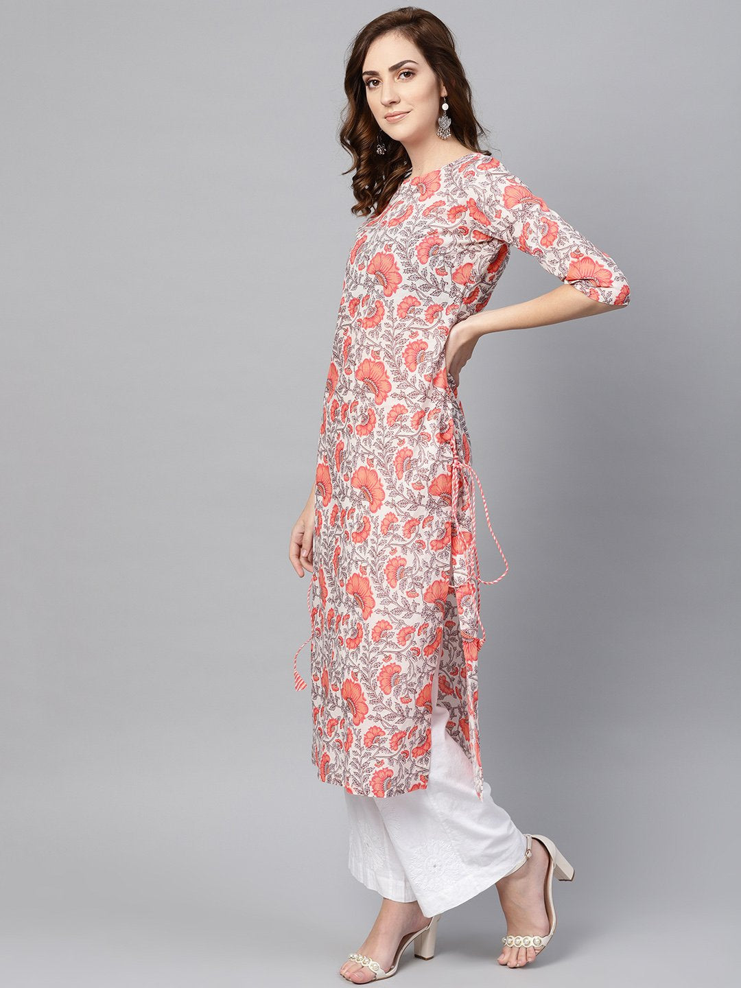 Women's White & Coral Pink Floral Print Straight Kurta - Nayo Clothing