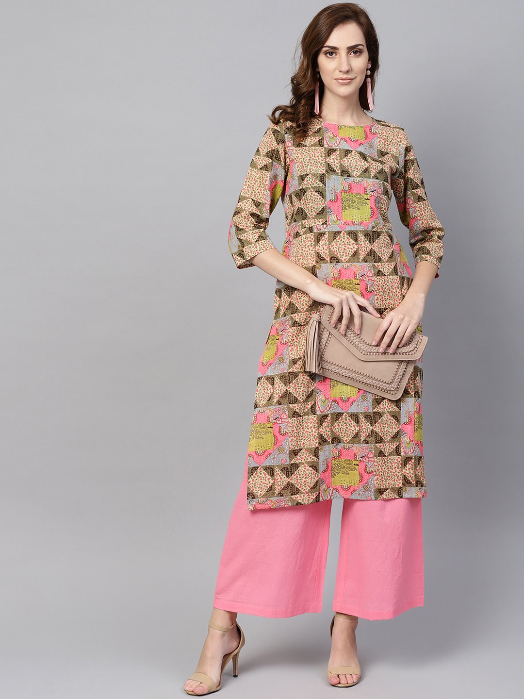 Women's Beige Multi Colored Straight Kurta Set With Solid Light Pink Pants - Nayo Clothing