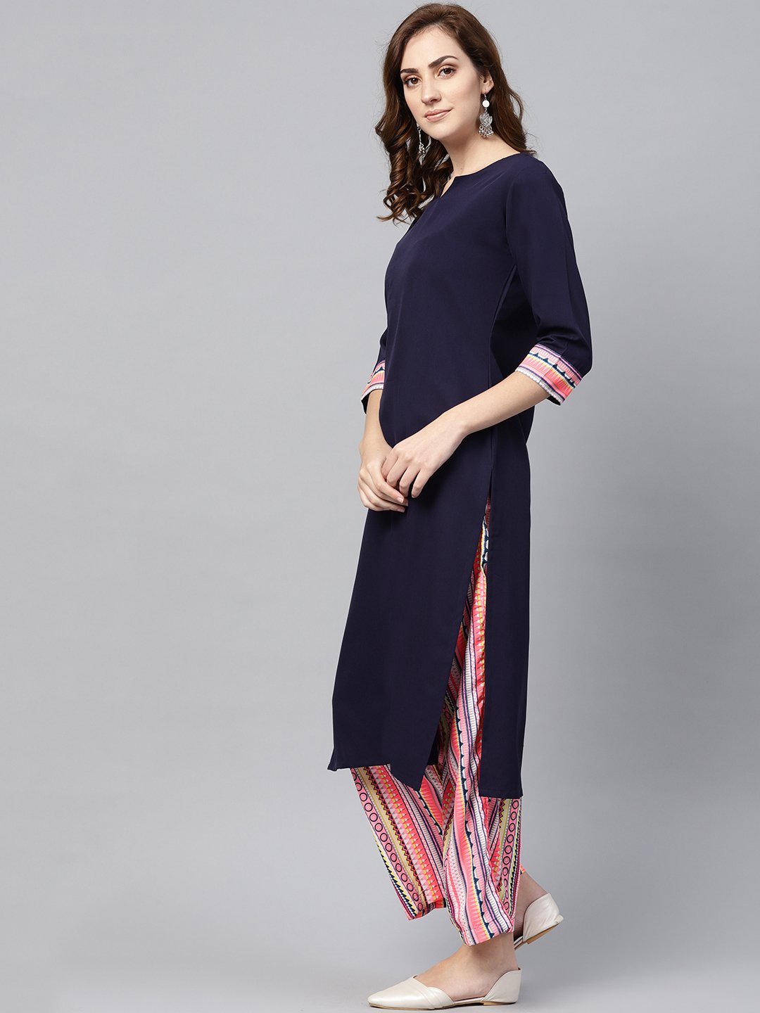 Women's Navy Blue 3/4Th Sleeve Kurta Set With Printed Palazzo - Nayo Clothing