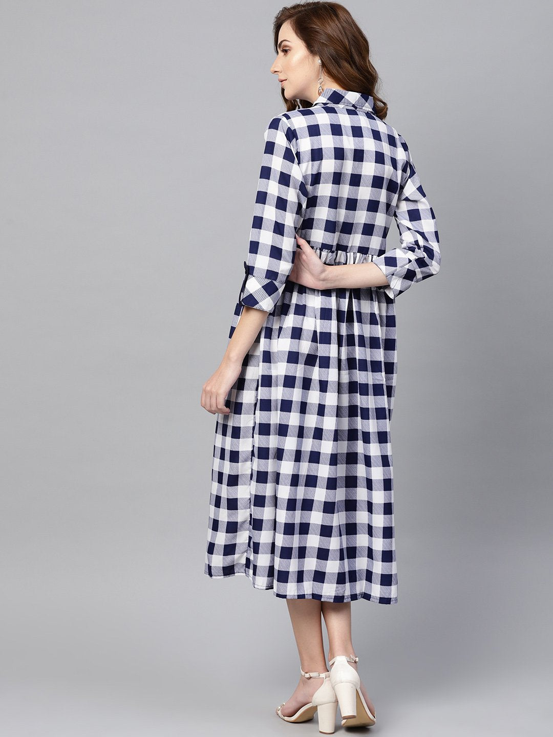 Women's Electric Blue Checked Shirt Collar Dress With Front Placket & Cuff - Nayo Clothing