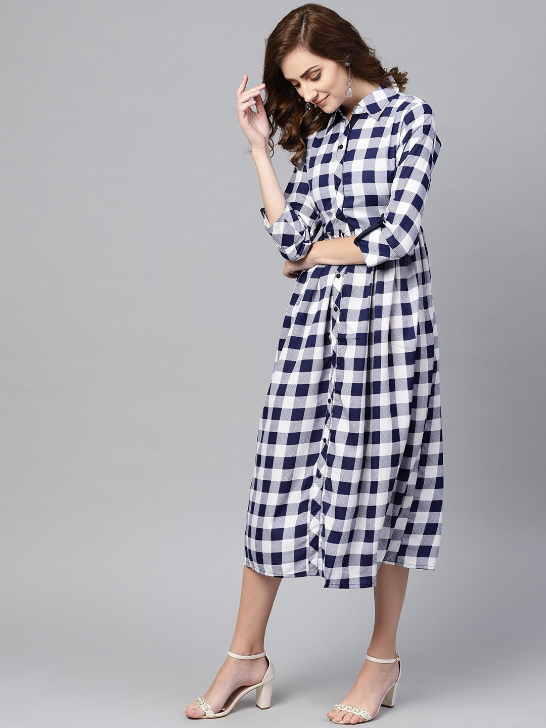 Women's Electric Blue Checked Shirt Collar Dress With Front Placket & Cuff - Nayo Clothing