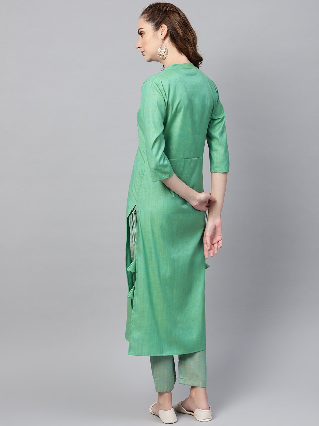 Women's Turquoise Green Straight 3/4Th Sleeve Cotton Kurta Set With Pants - Nayo Clothing