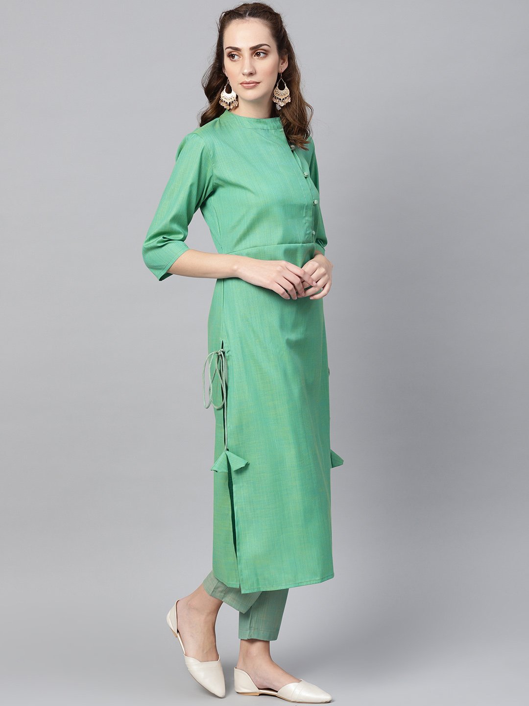 Women's Turquoise Green Straight 3/4Th Sleeve Cotton Kurta Set With Pants - Nayo Clothing