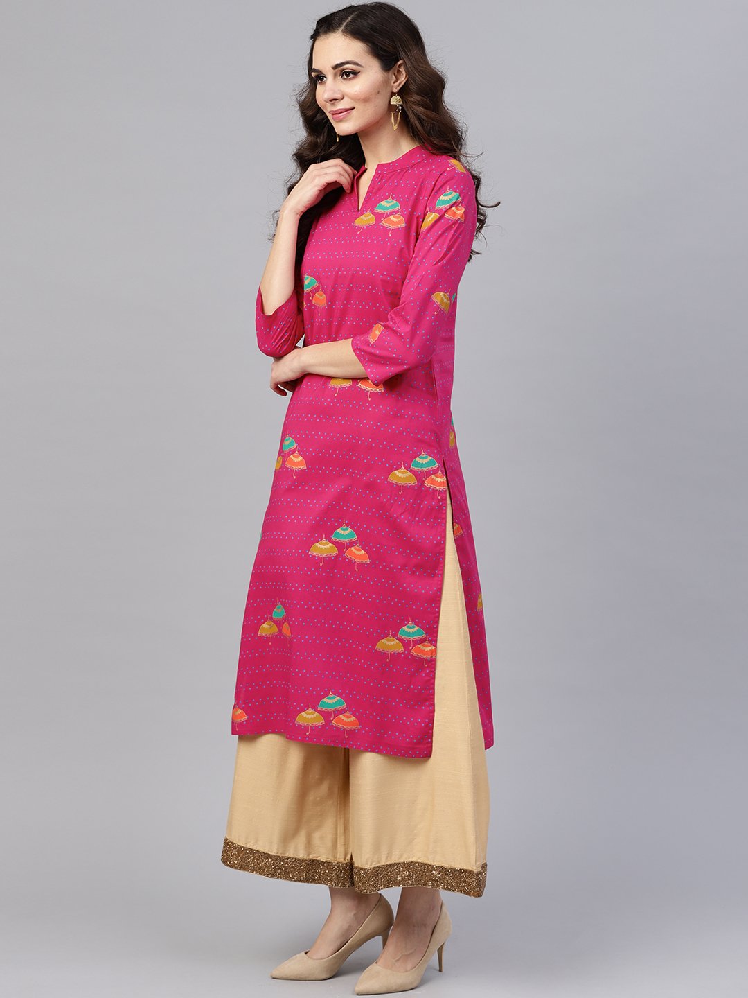 Women's Pink 3/4Th Sleeve Umbrella Printed Cotton Kurta - Nayo Clothing