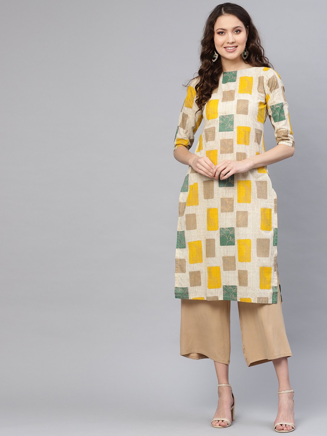 Women's Off-White & Mustard Yellow Printed Straight Kurta - Nayo Clothing