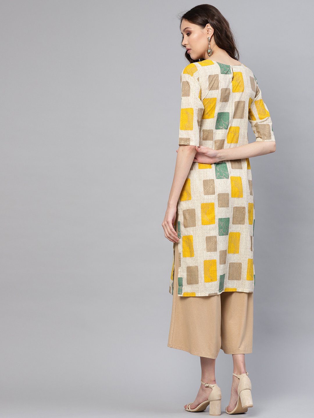 Women's Off-White & Mustard Yellow Printed Straight Kurta - Nayo Clothing