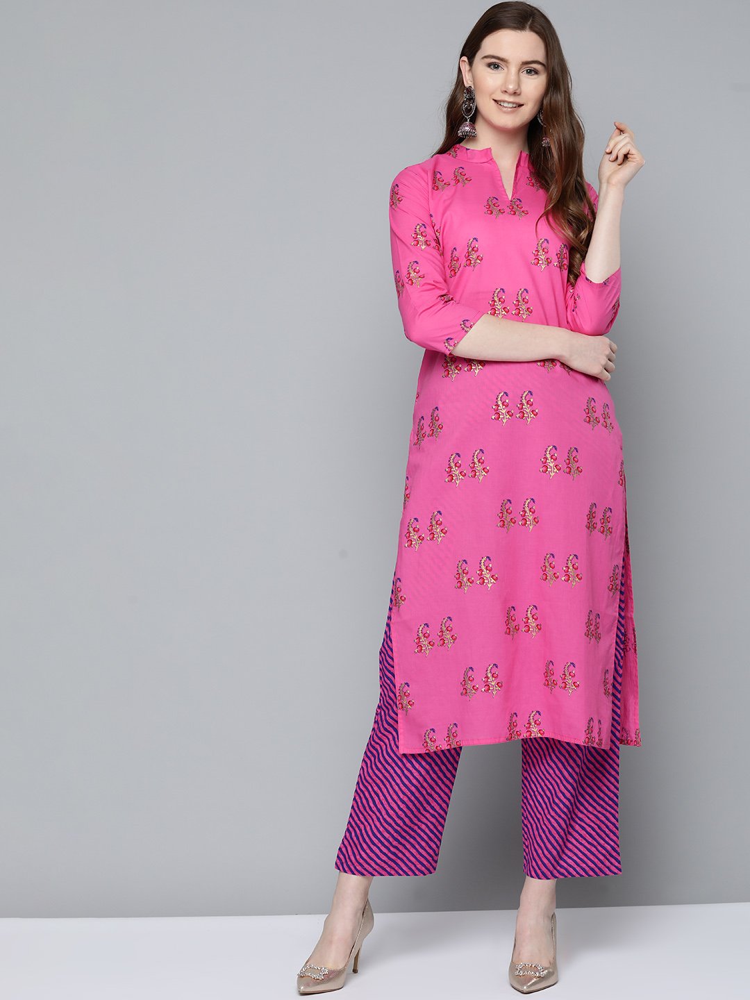 Women's Floral Pink With Gold Printed Chinese Collared With 3/4Th Sleeves Straight Kurta With Pink Leheriya Printed Pants - Nayo Clothing