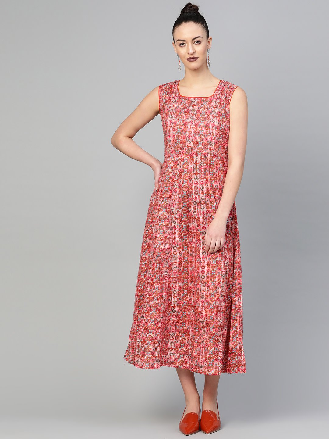 Women's Red & Pink Geometric Printed Maxi Dress - Nayo Clothing
