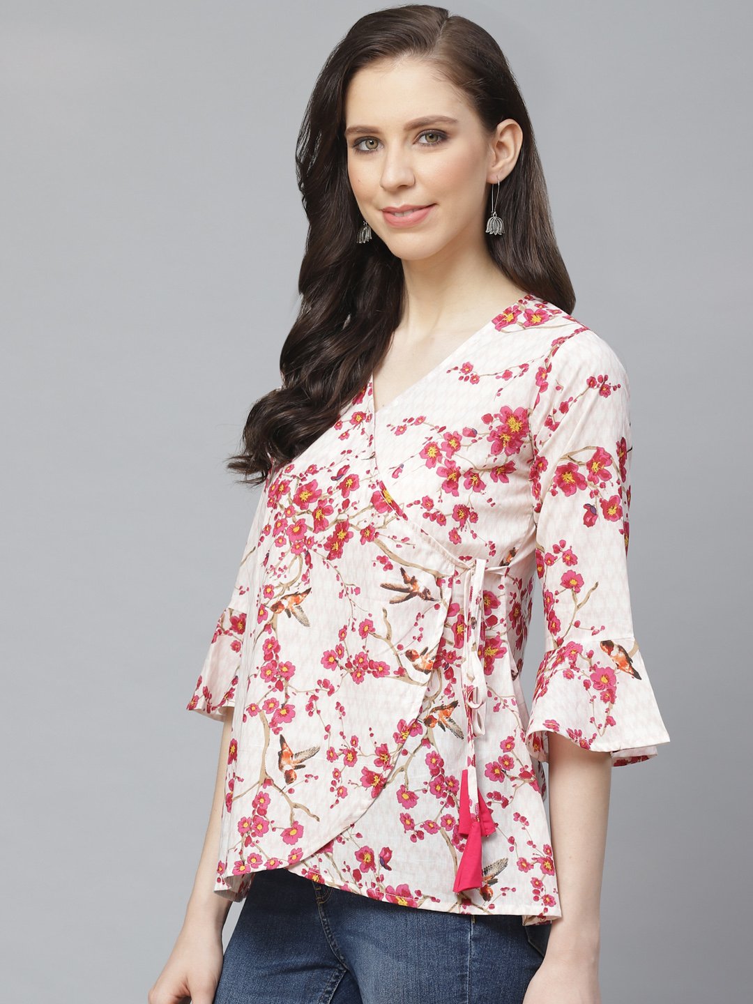 Women's Off White & Pink Wrap Floral Printed V-Neck Top - Nayo Clothing