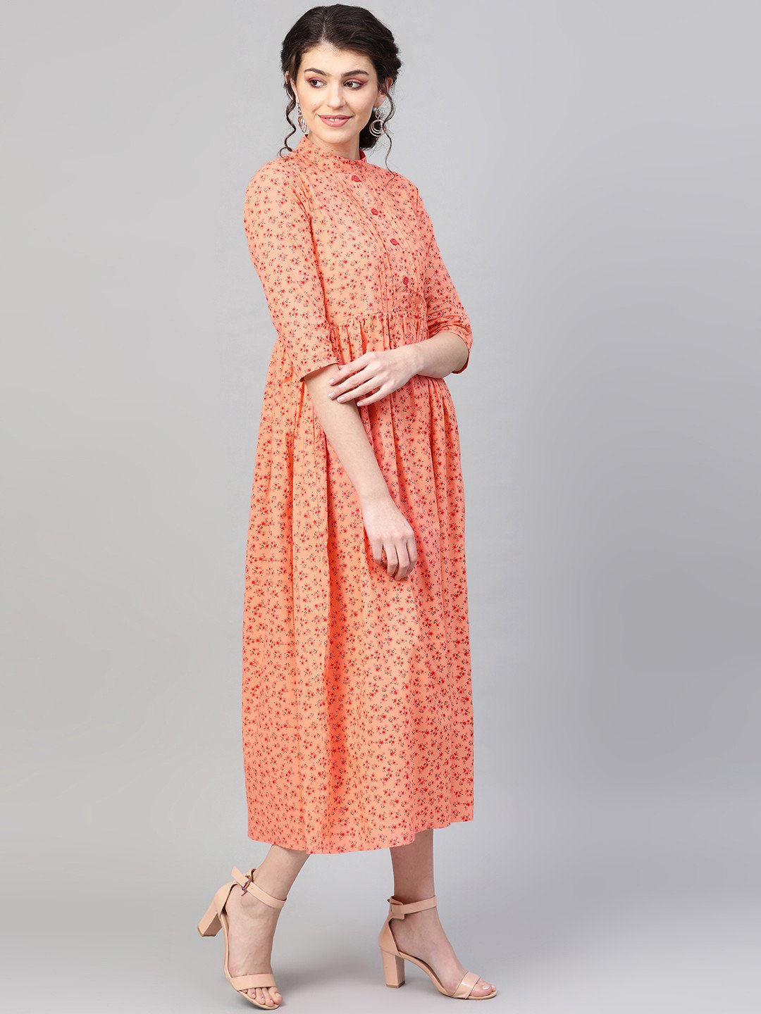 Women's Peach &  Floral Printed Maxi Dress - Nayo Clothing