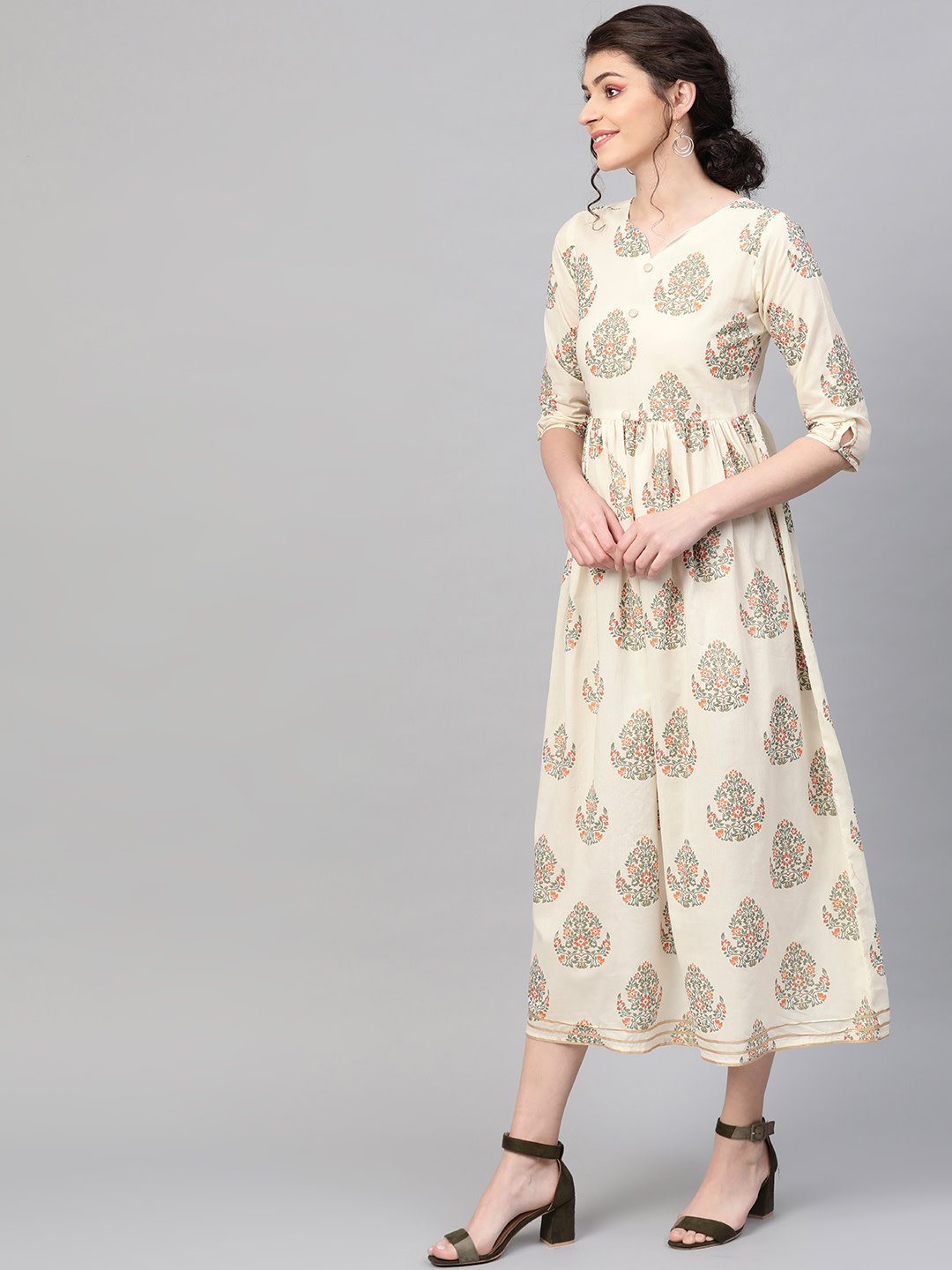 Women's Off White & Gold Ethnic Motifs Printed Maxi Dress - Nayo Clothing