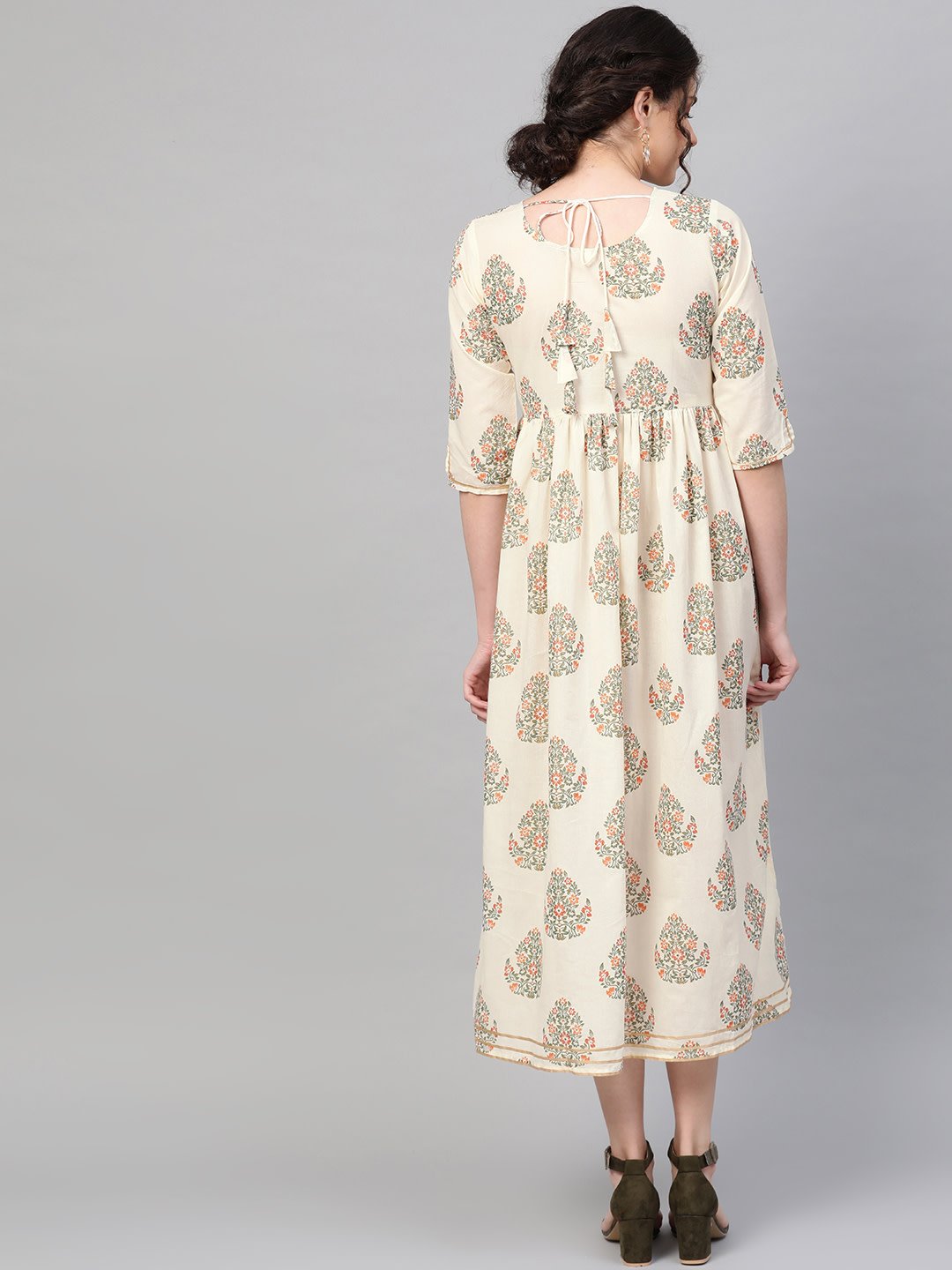 Women's Off White & Gold Ethnic Motifs Printed Maxi Dress - Nayo Clothing