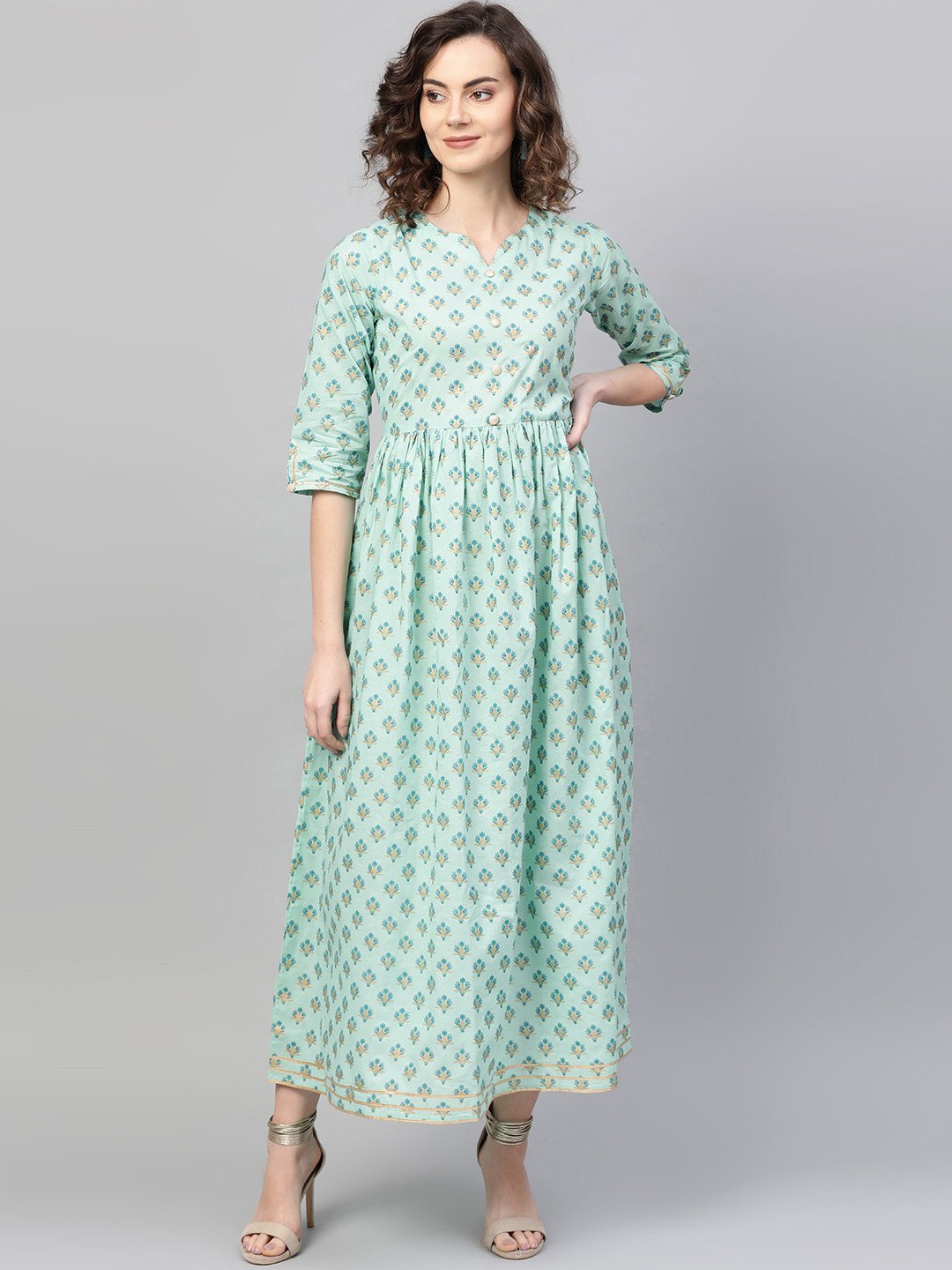 Women's Green & Blue Floral Printed Maxi Dress - Nayo Clothing