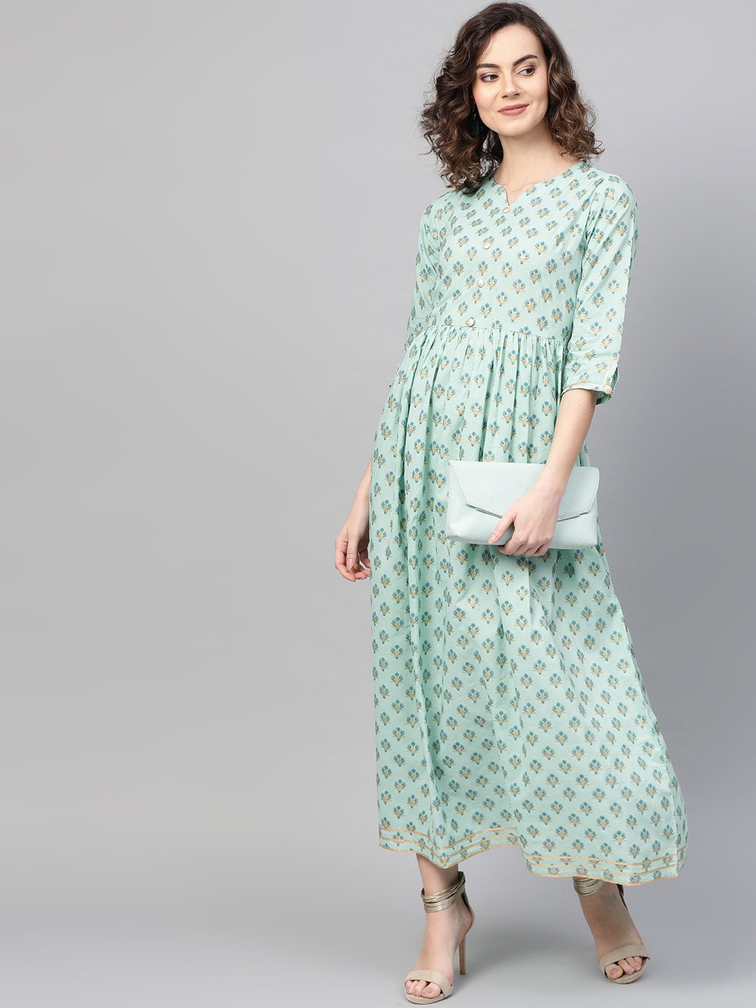 Women's Green & Blue Floral Printed Maxi Dress - Nayo Clothing