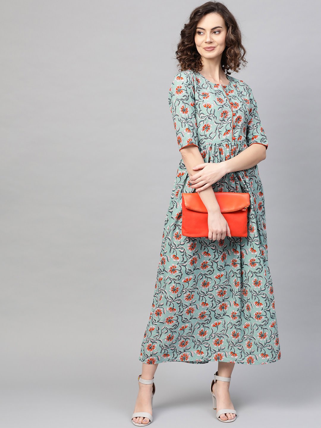Women's Green & Orange Floral Printed Maxi Dress - Nayo Clothing