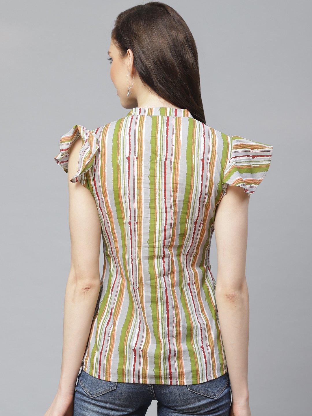 Women's Grey & Multi Regular Vertical Stripes Mandarin Collar Top - Nayo Clothing
