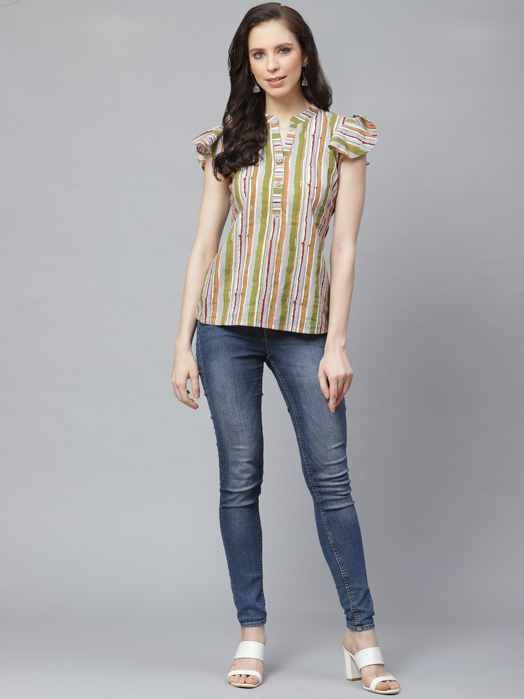 Women's Grey & Multi Regular Vertical Stripes Mandarin Collar Top - Nayo Clothing