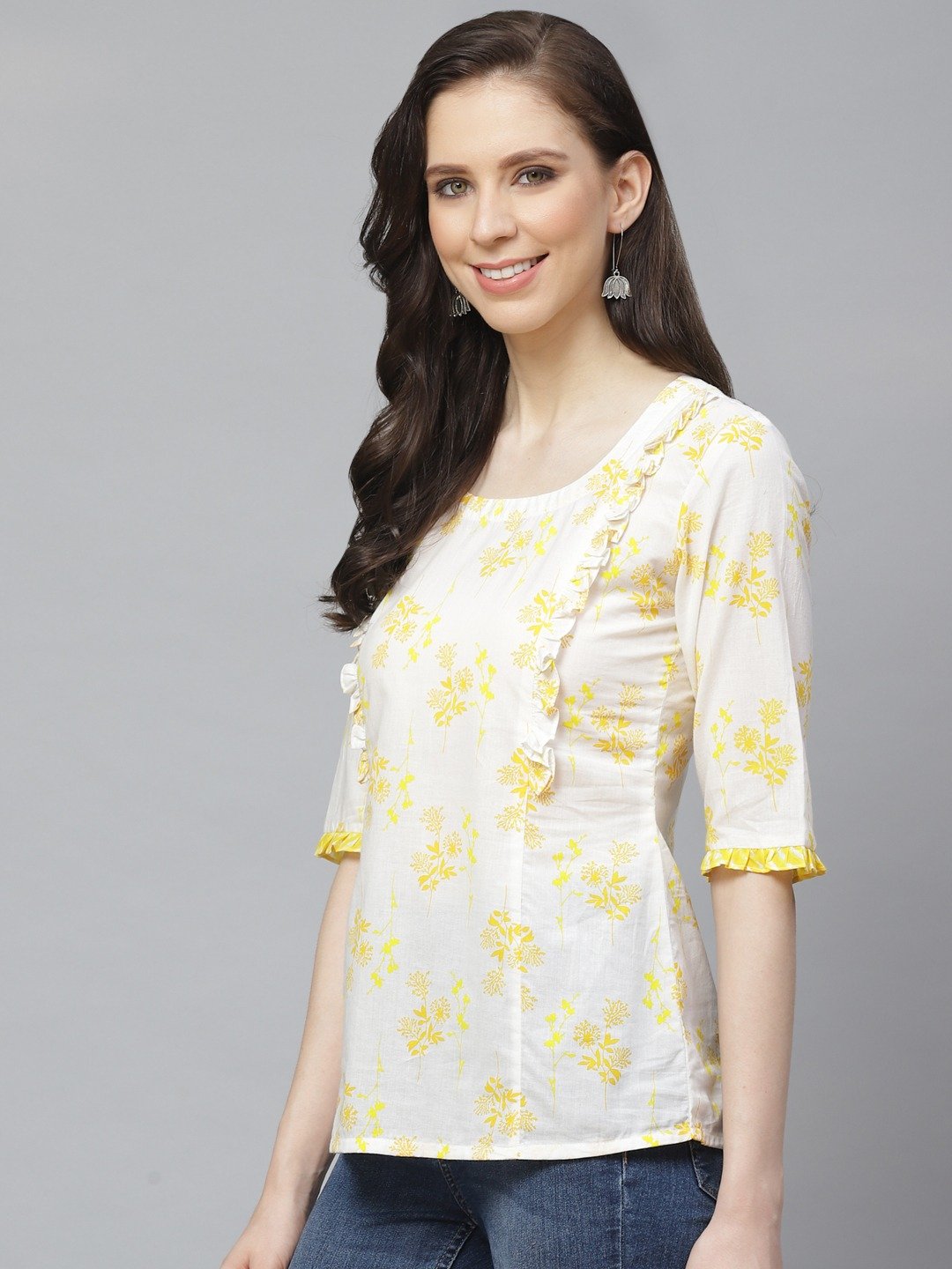 Women's White & Yellow Regular Floral Printed Round Neck Top - Nayo Clothing