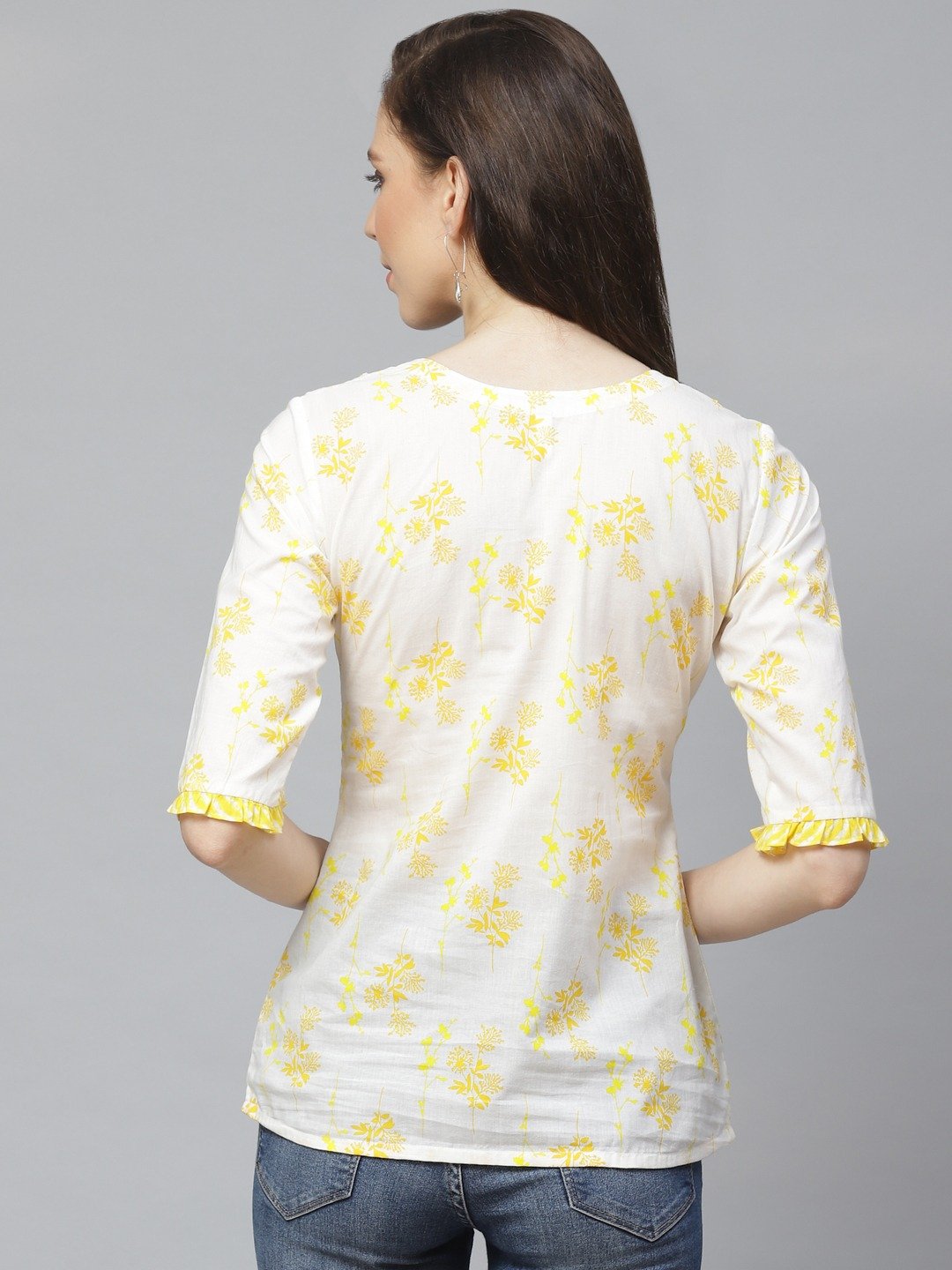 Women's White & Yellow Regular Floral Printed Round Neck Top - Nayo Clothing