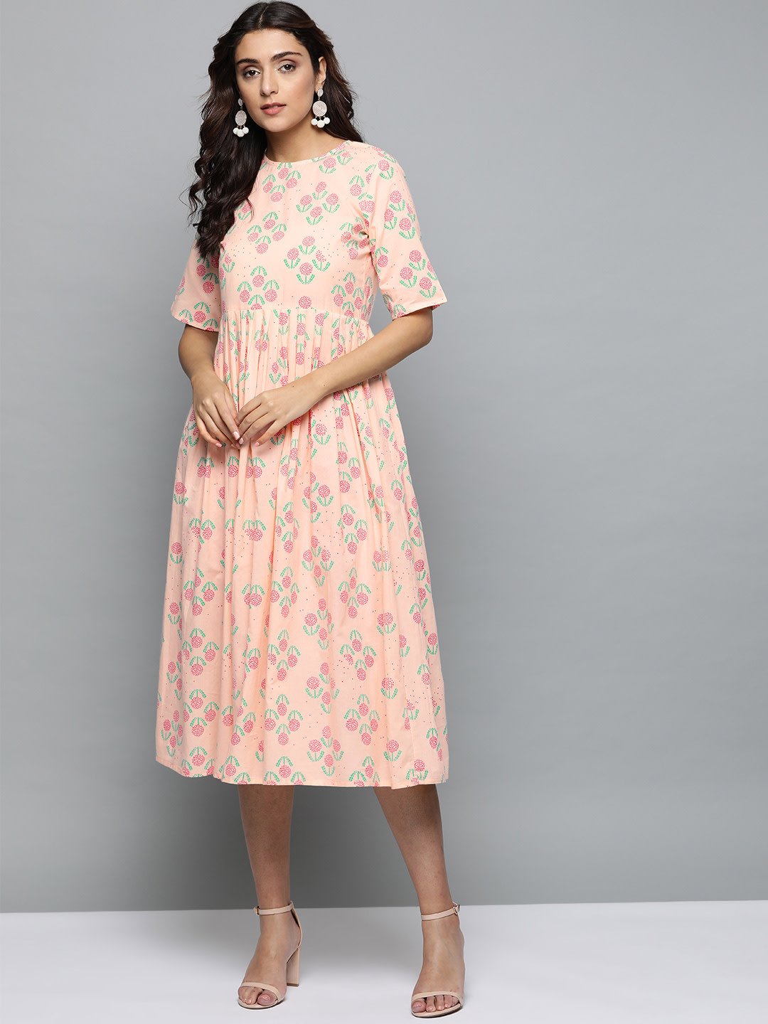 Women's Peach Floral Printed Round Neck A-Line Dress - Nayo Clothing
