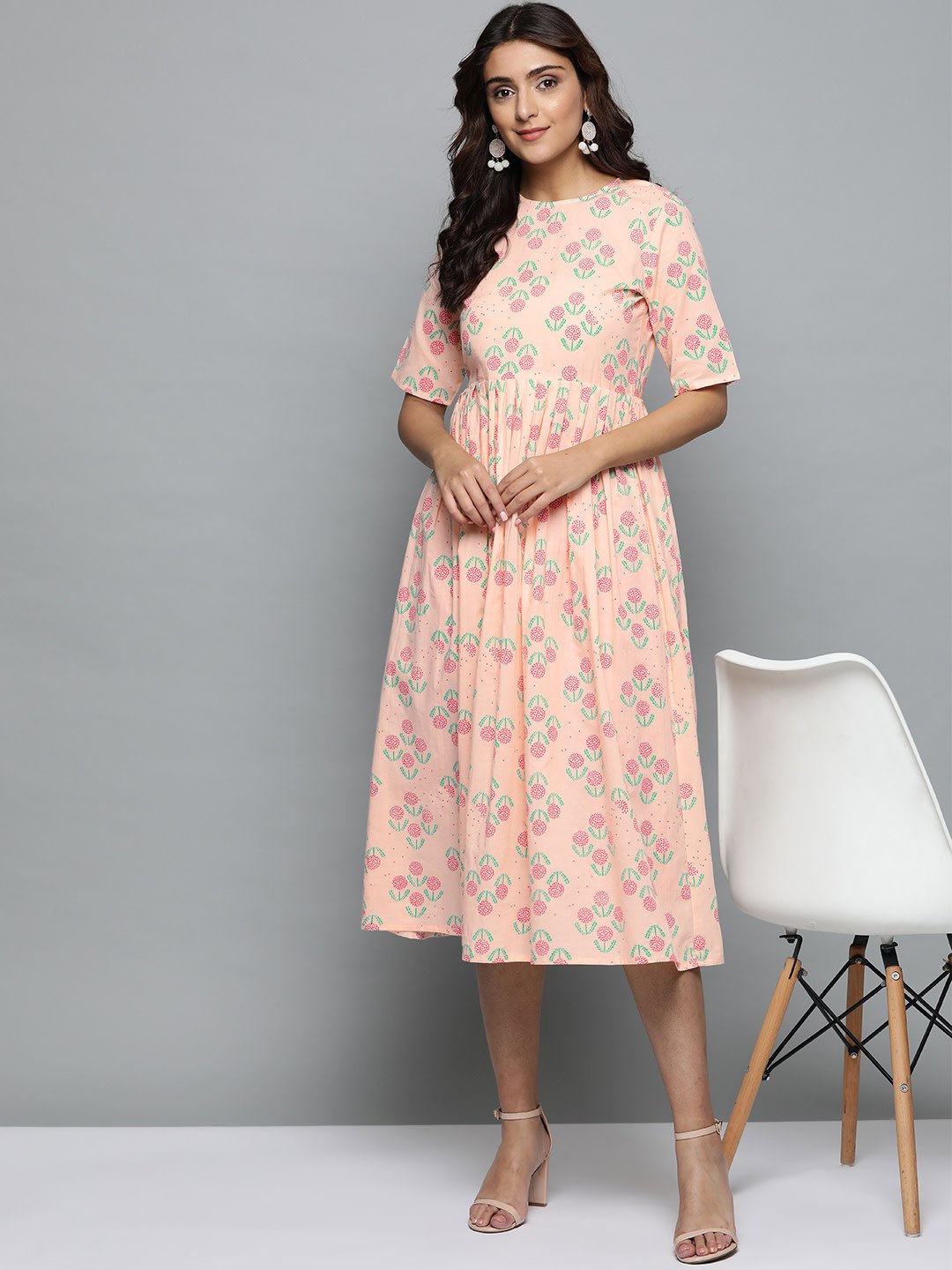 Women's Peach Floral Printed Round Neck A-Line Dress - Nayo Clothing