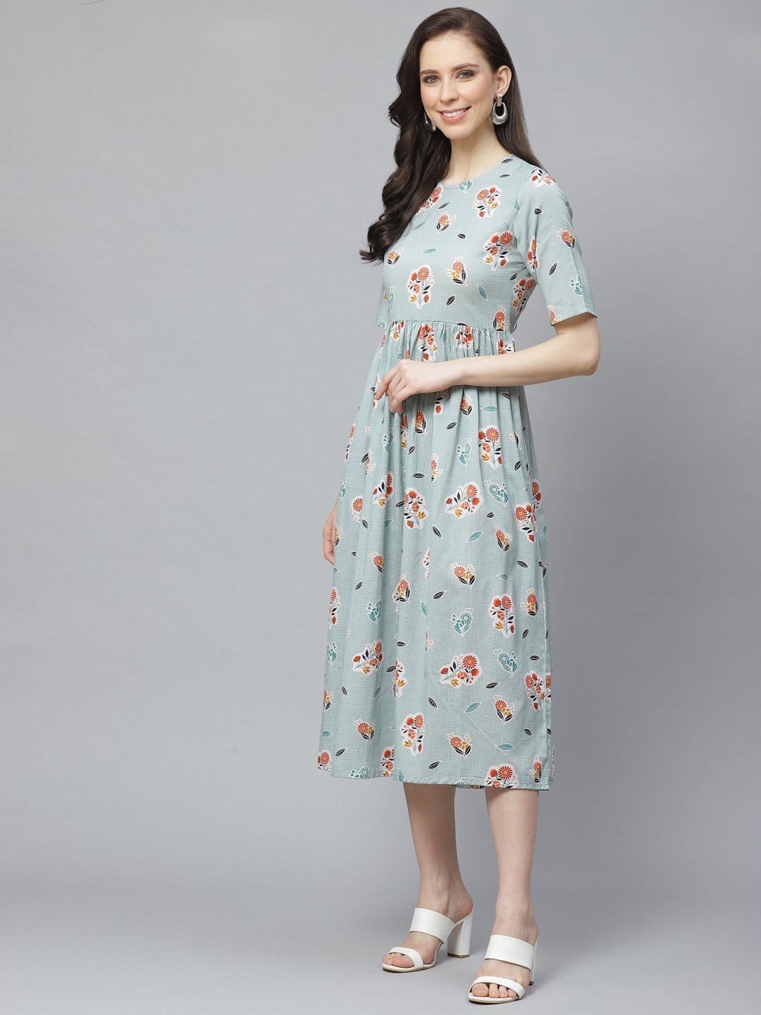 Women's Turquoise Blue Floral Printed Round Neck Cotton A-Line Dress - Nayo Clothing