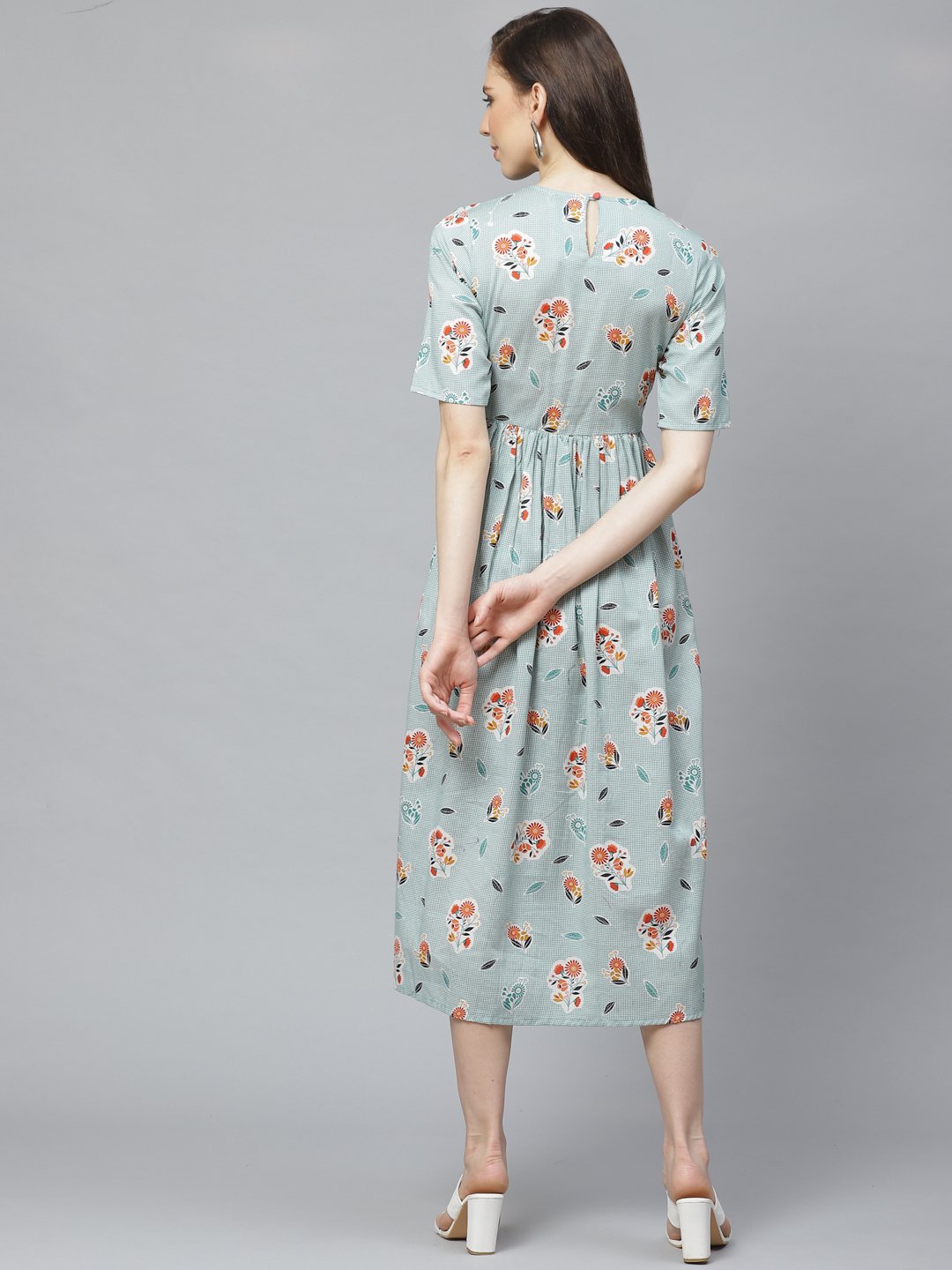 Women's Turquoise Blue Floral Printed Round Neck Cotton A-Line Dress - Nayo Clothing
