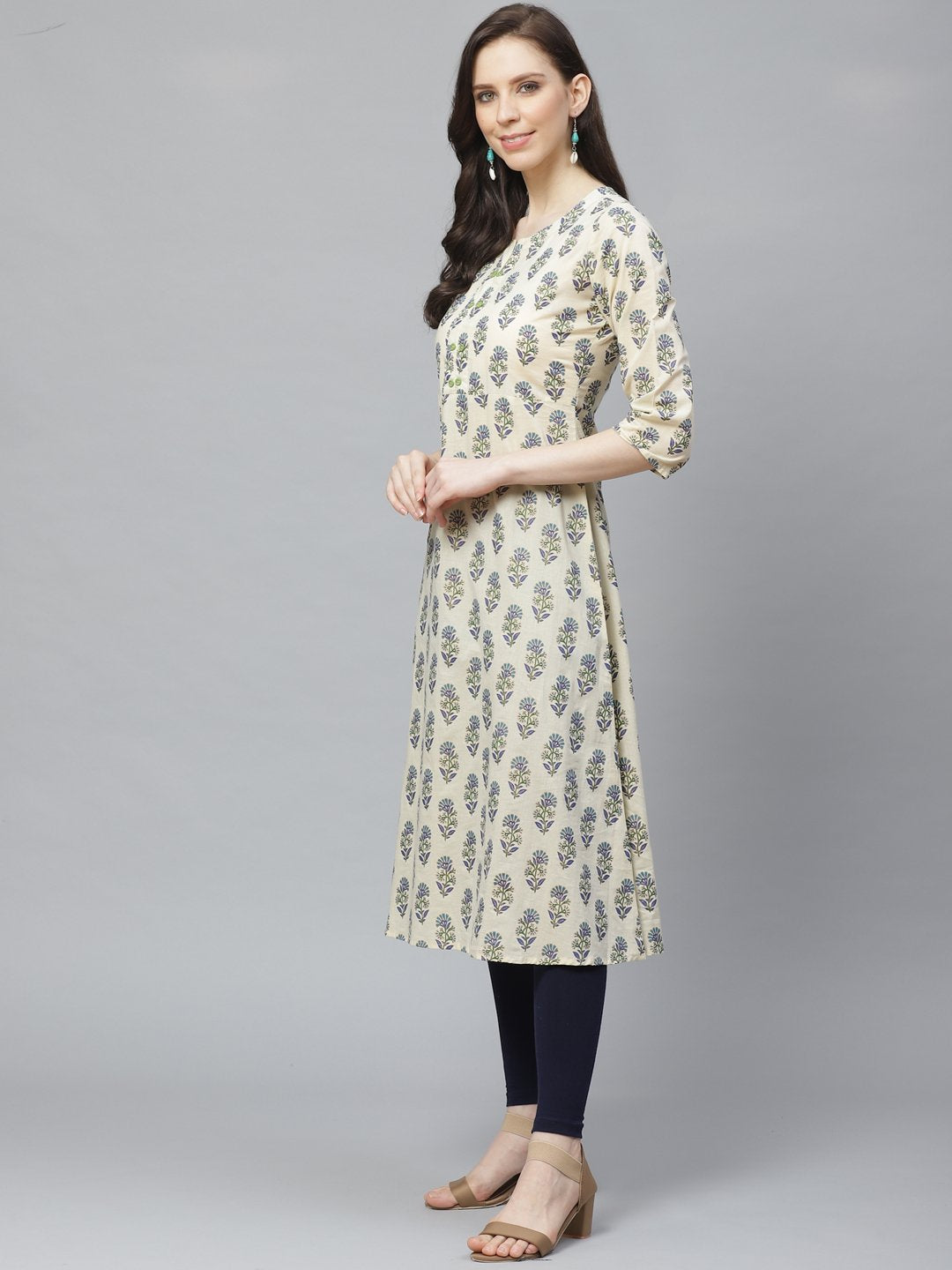 Women's Beige Calf Length Three-Quarter Sleeves A-Line Floral Printed Cotton Kurta - Nayo Clothing