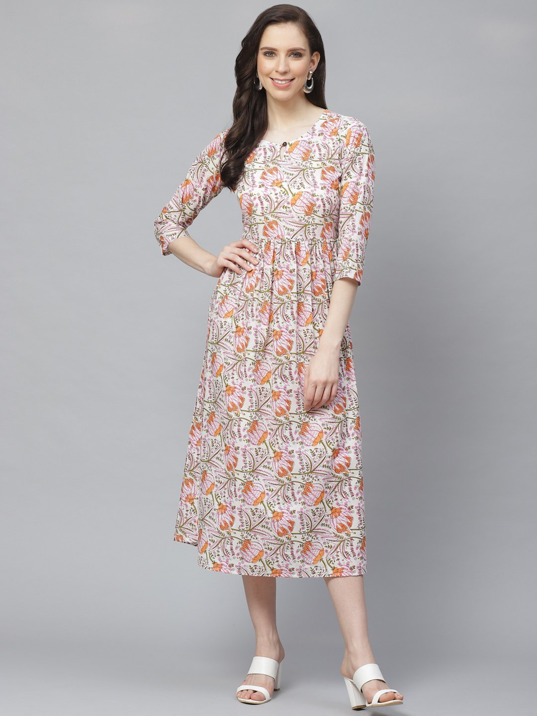 Women's White Floral Printed Keyhole Neck Cotton A-Line Dress - Nayo Clothing