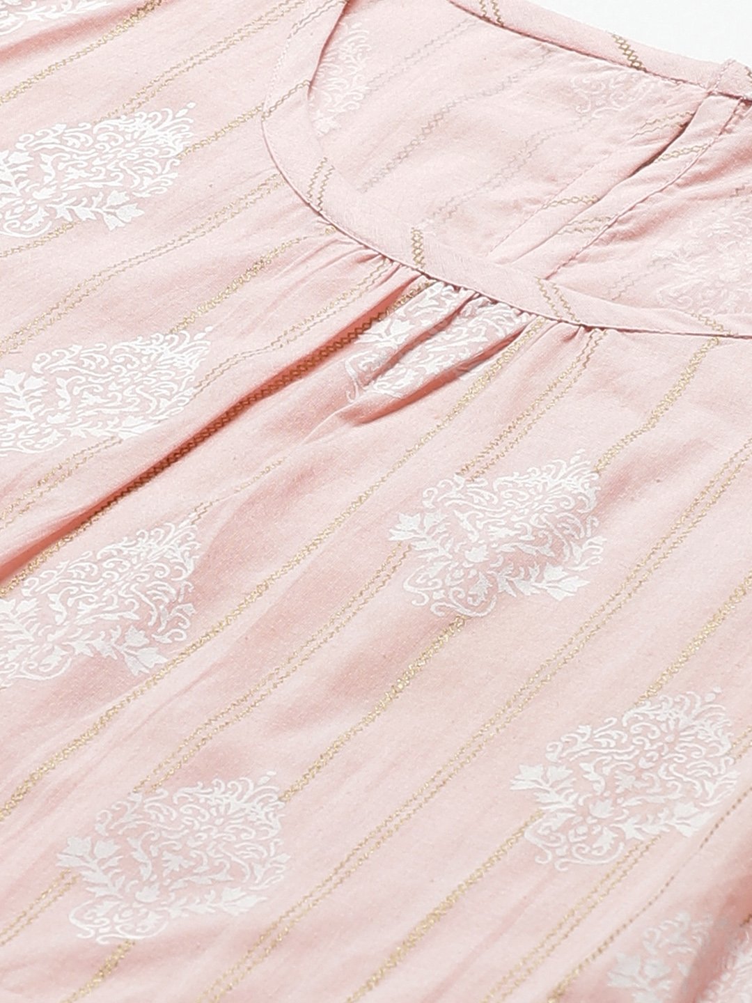 Women's Pink Ethnic Motifs Printed Round Neck Cotton A-Line Dress - Nayo Clothing