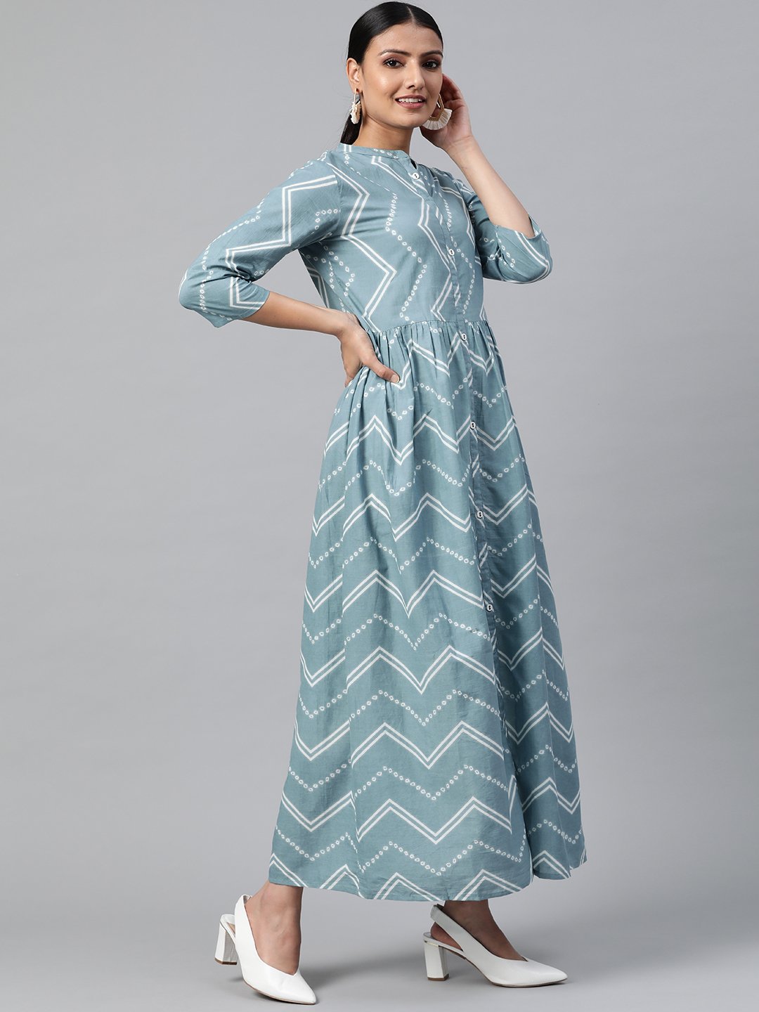 Women's Blue Geometric Printed Mandarin Collar Cotton A-Line Dress - Nayo Clothing