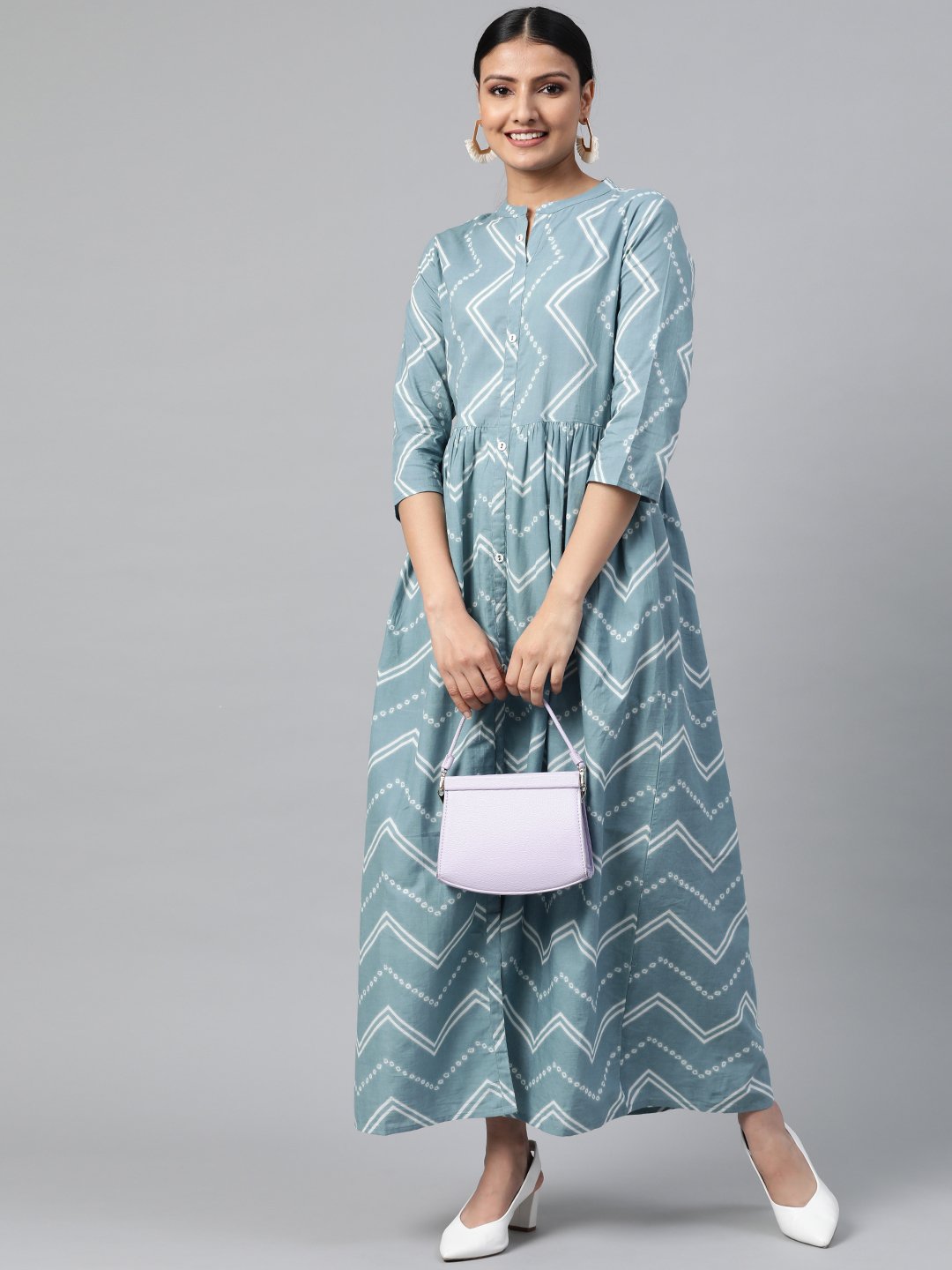 Women's Blue Geometric Printed Mandarin Collar Cotton A-Line Dress - Nayo Clothing