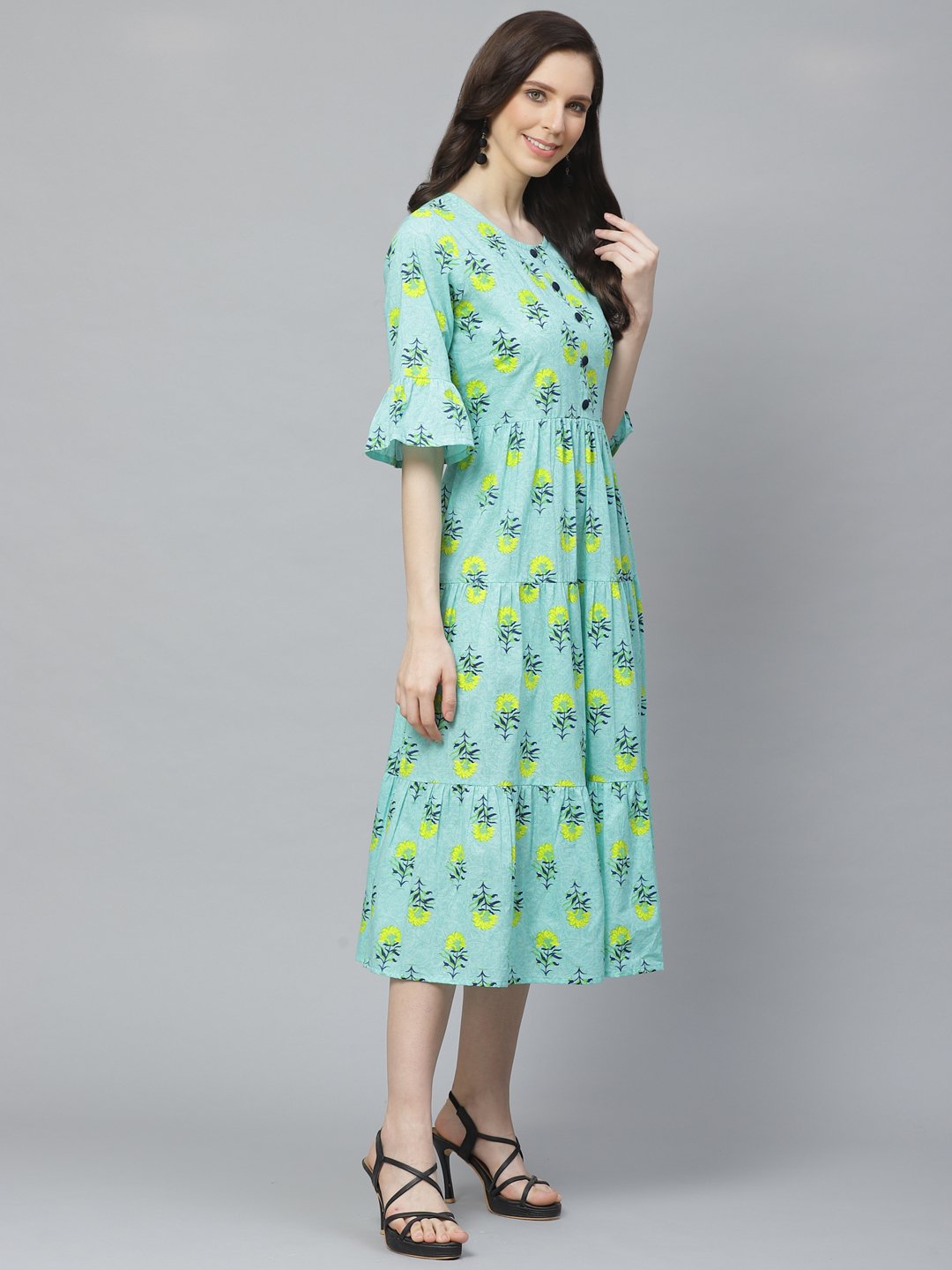 Women's Blue Floral Printed Round Neck Cotton Fit And Flare Dress - Nayo Clothing