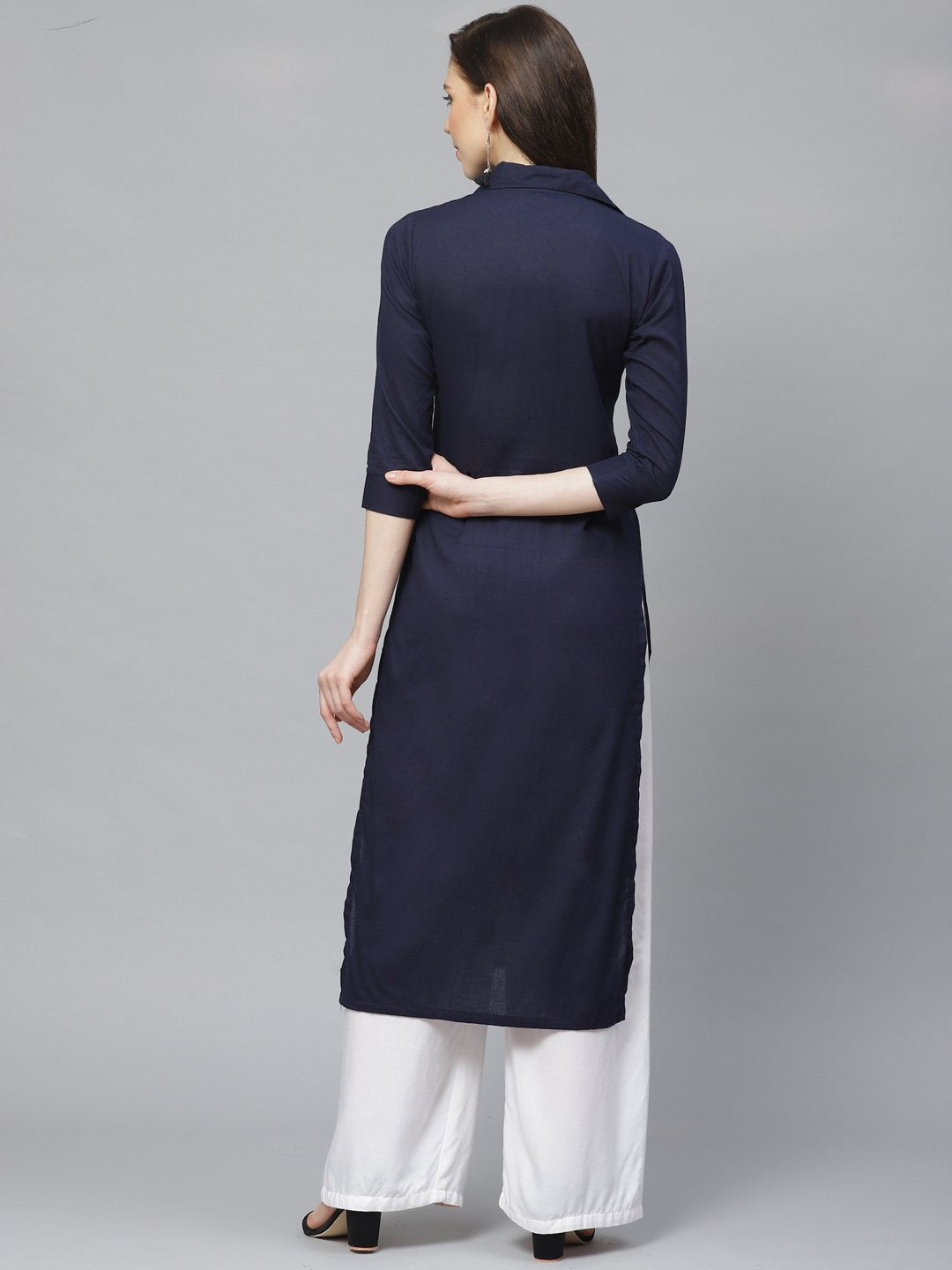 Women's Navy Blue Calf Length Three-Quarter Sleeves Pathani Solid Solid Cotton Kurta - Nayo Clothing