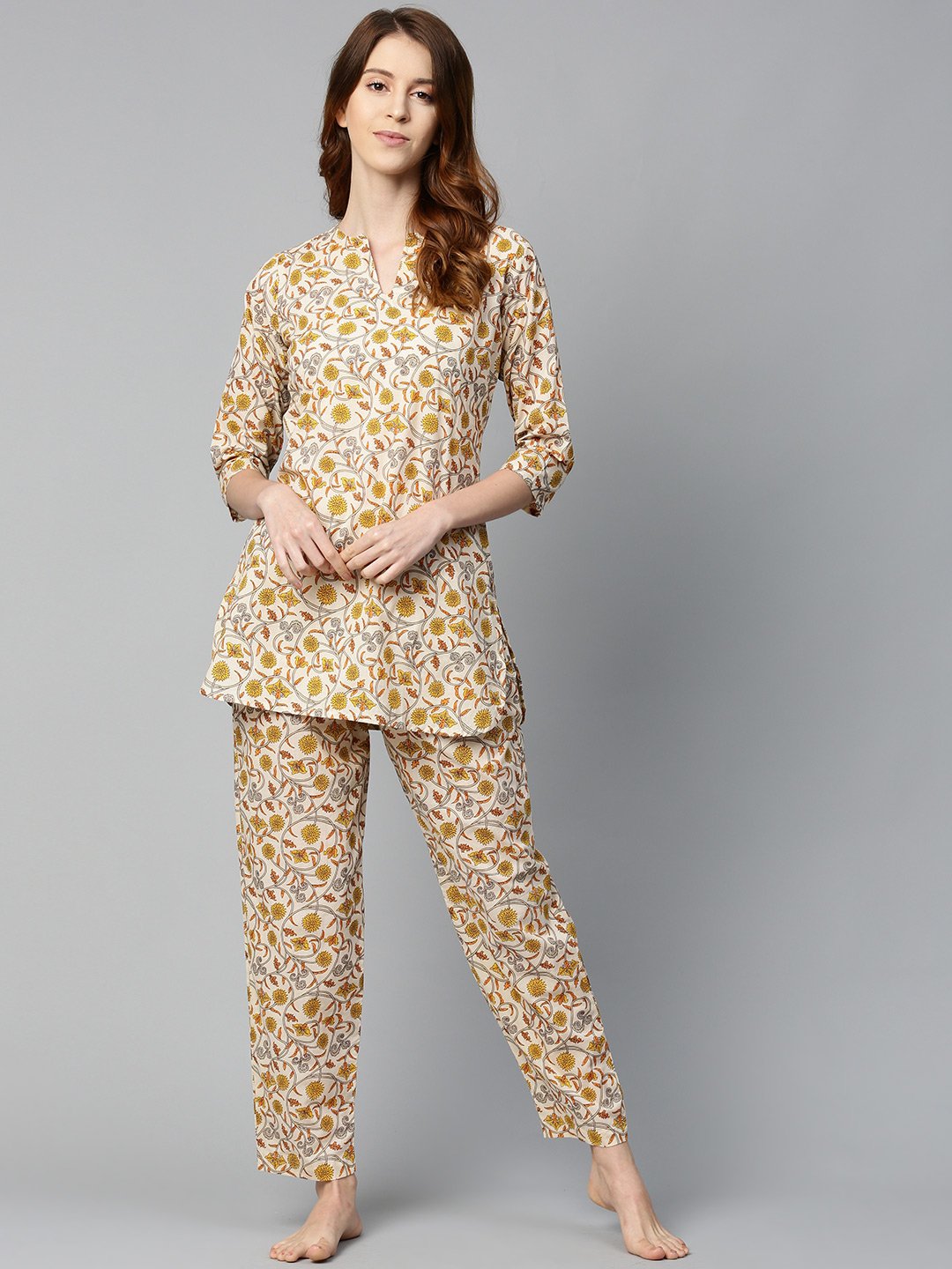 Women's Cream And Multi Floral Prnt Top And Pant Set - Nayo Clothing