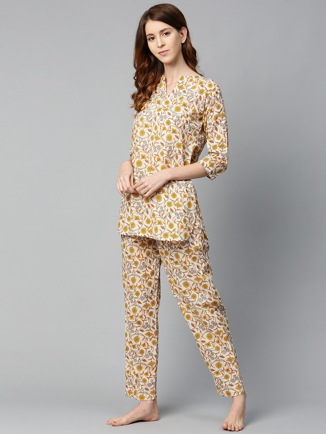 Women's Cream And Multi Floral Prnt Top And Pant Set - Nayo Clothing