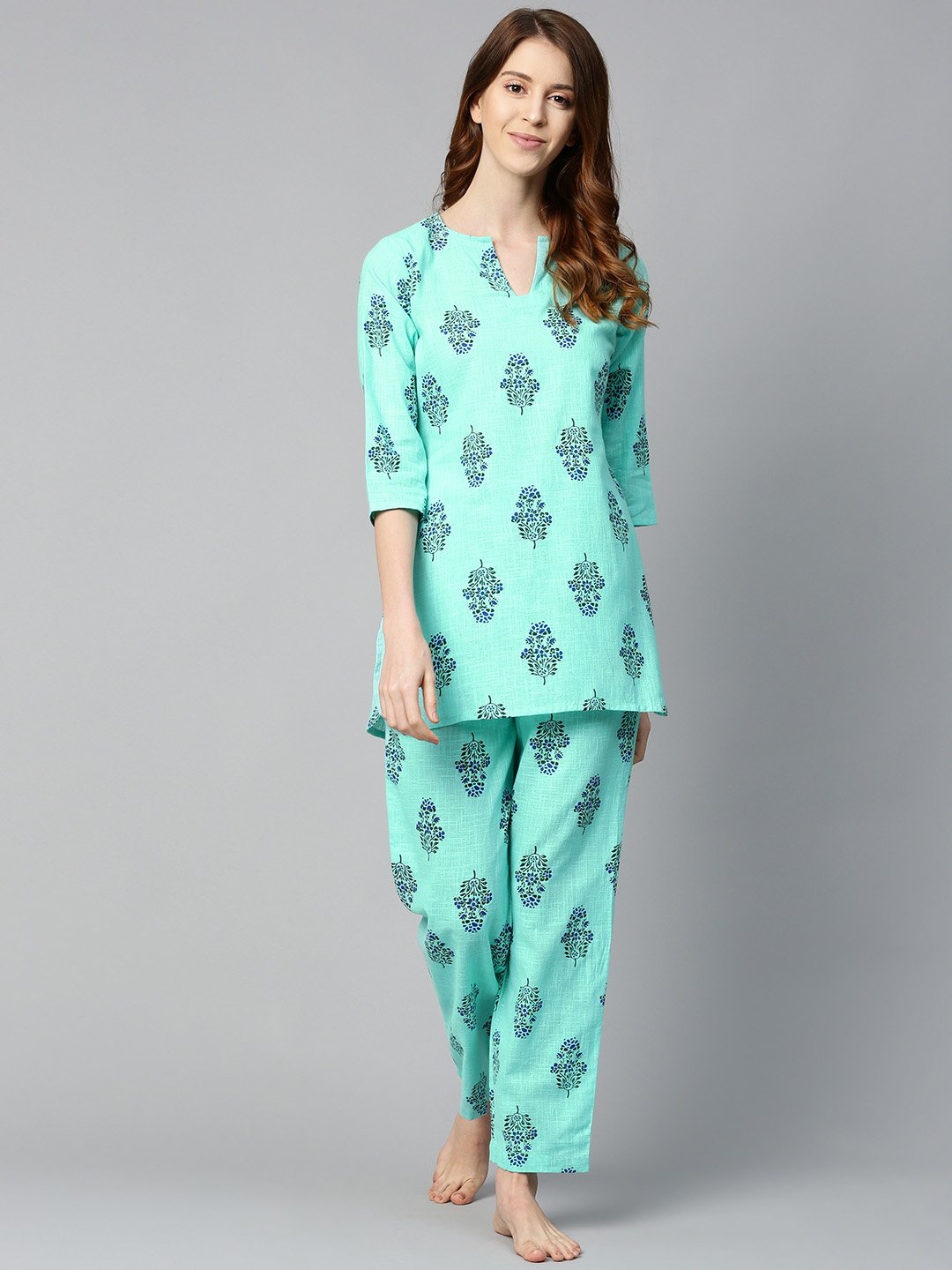 Women's Turq Green And Multi Floral Prnt Top And Pant Set - Nayo Clothing