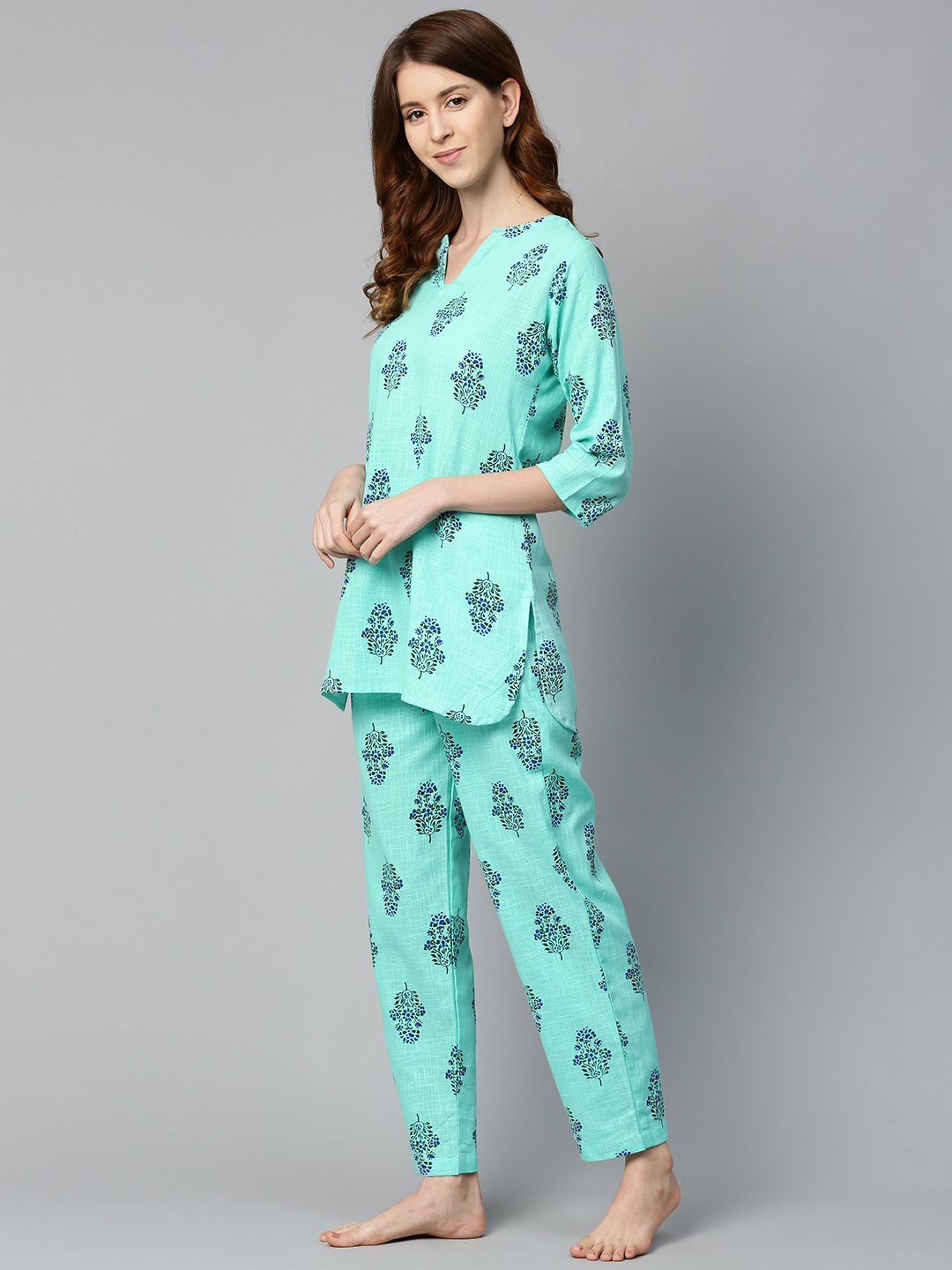 Women's Turq Green And Multi Floral Prnt Top And Pant Set - Nayo Clothing