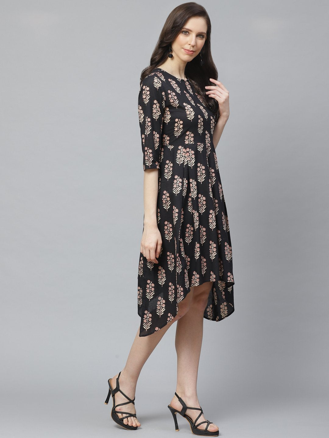 Women's Black Floral Printed Round Neck Cotton Fit And Flare Dress - Nayo Clothing