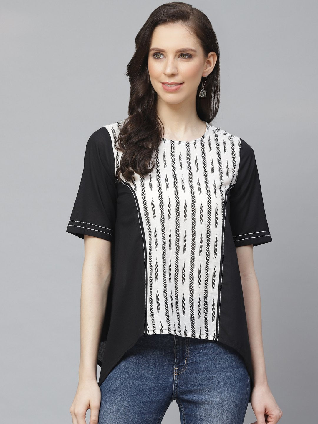 Women's Black And White Front Panel High And Low Tunic - Nayo Clothing