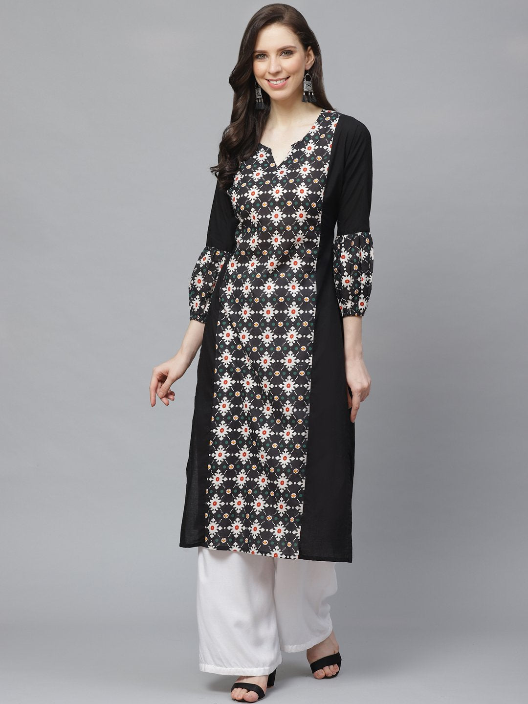 Women's Black Calf Length Long Sleeves A-Line Geometric Printed Cotton Kurta - Nayo Clothing