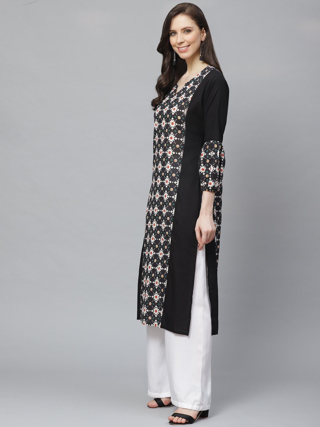 Women's Black Calf Length Long Sleeves A-Line Geometric Printed Cotton Kurta - Nayo Clothing