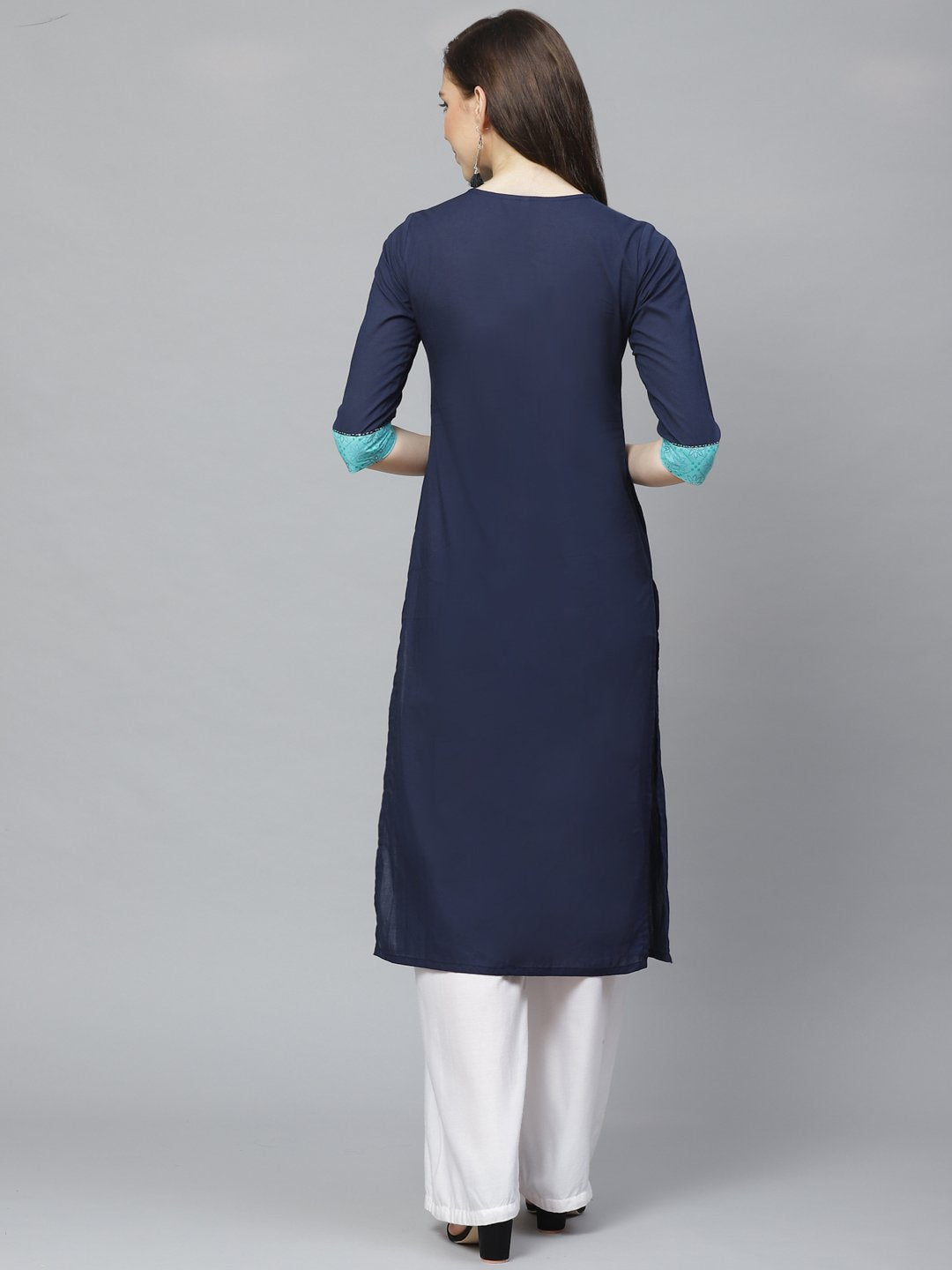 Women's Navy Blue Calf Length Three-Quarter Sleeves Straight Solid Yoke Design Cotton Kurta - Nayo Clothing