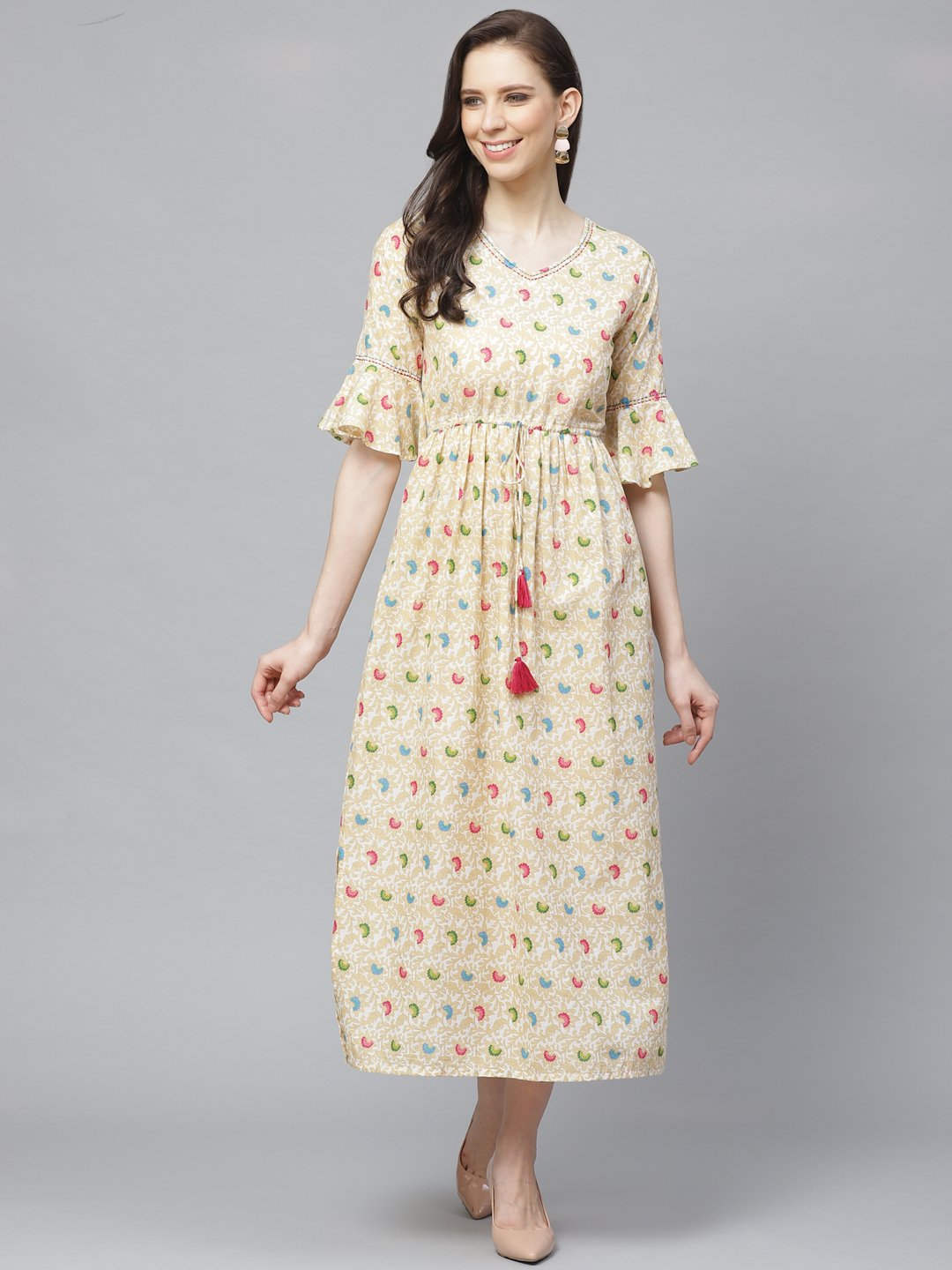 Women's White Floral Printed V-Neck Cotton Fit And Flare Dress - Nayo Clothing