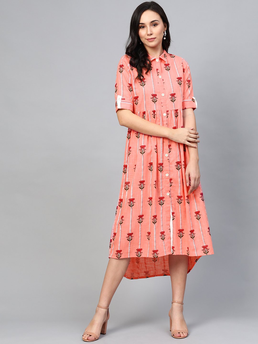 Women's Pink Floral Printed Shirt Collar Cotton Maxi Dress - Nayo Clothing