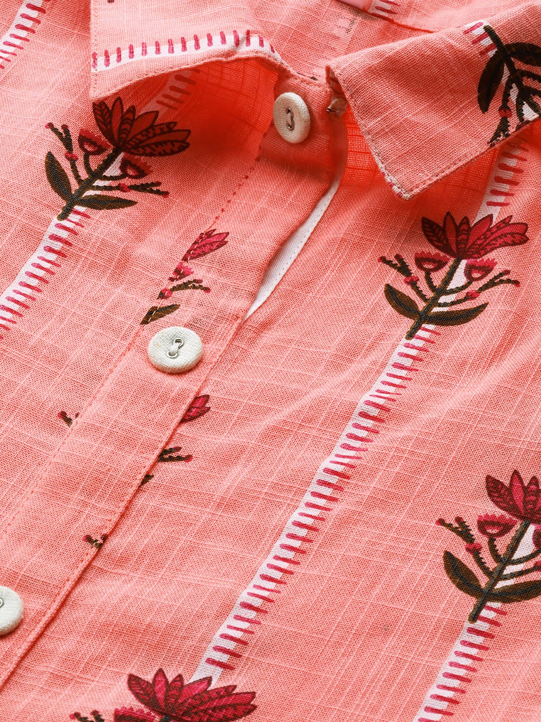 Women's Pink Floral Printed Shirt Collar Cotton Maxi Dress - Nayo Clothing