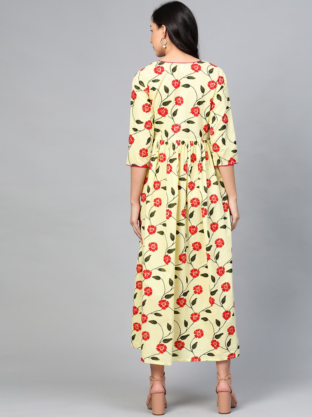 Women's Yellow Floral Printed V-Neck Viscose Rayon Maxi Dress - Nayo Clothing