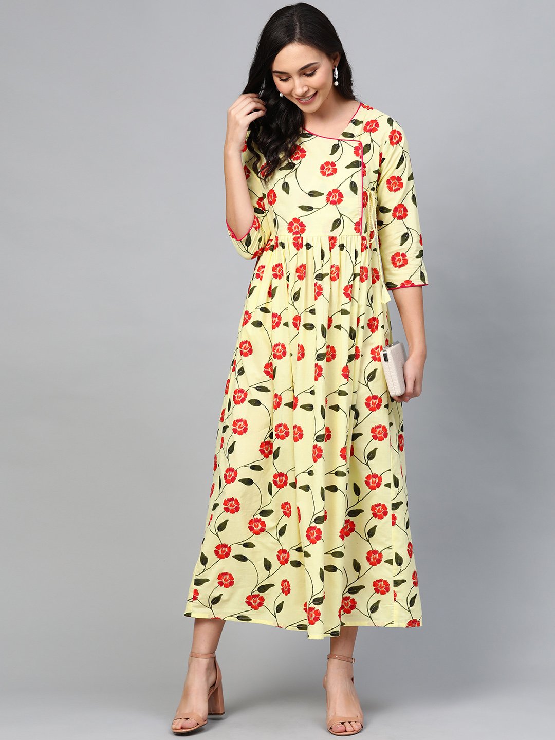 Women's Yellow Floral Printed V-Neck Viscose Rayon Maxi Dress - Nayo Clothing