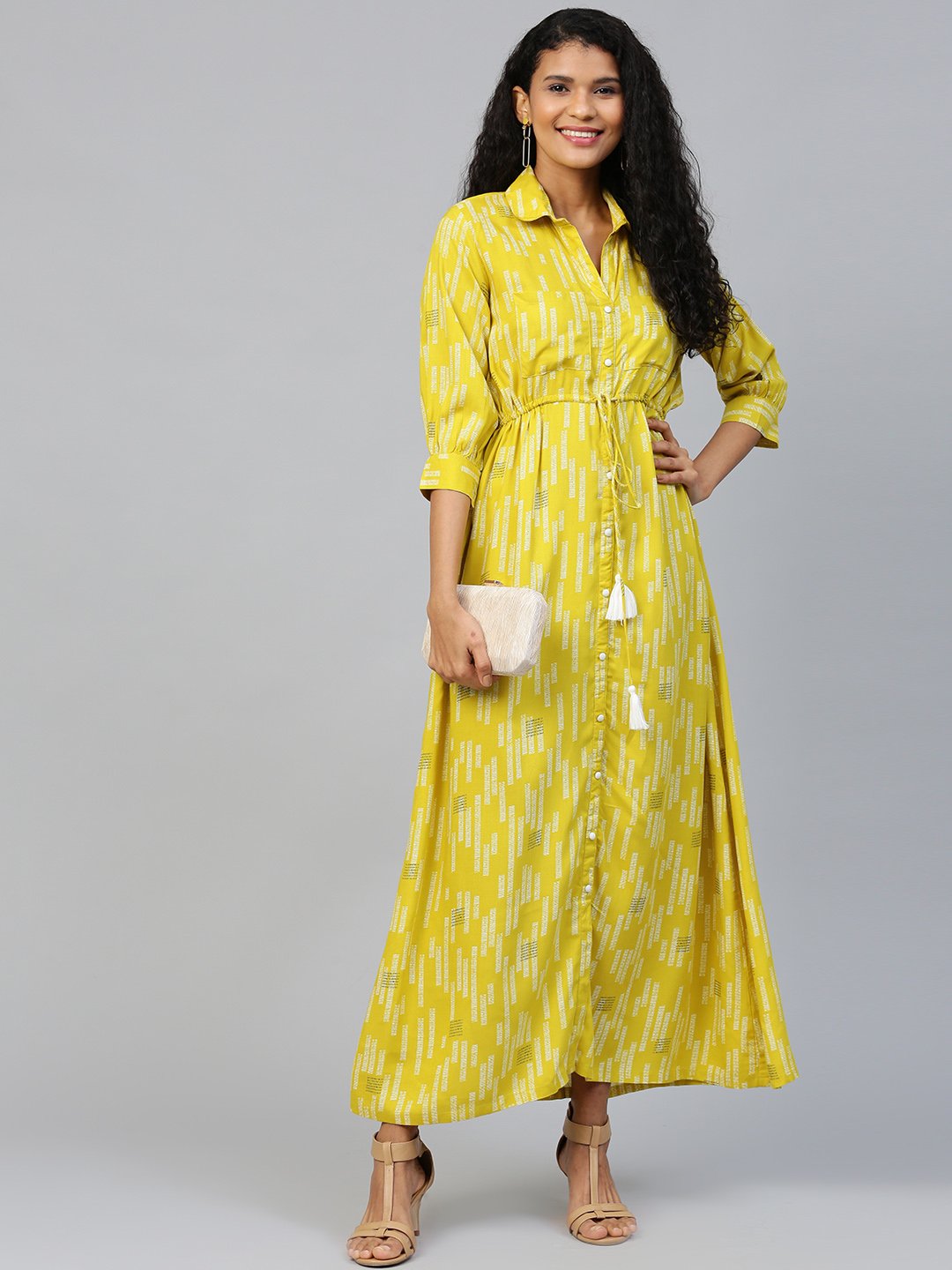 Women's Limegreen Conversational Printed Shirt Collar Viscose Rayon A-Line Dress - Nayo Clothing
