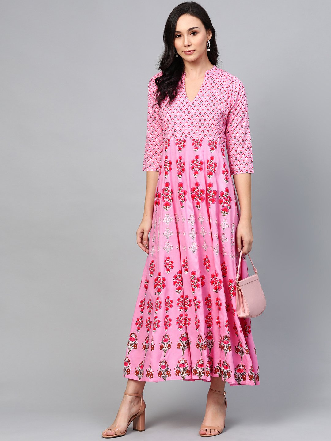 Women's Pink Floral Printed Mandarin Collar Viscose Rayon Fit And Flare Dress - Nayo Clothing